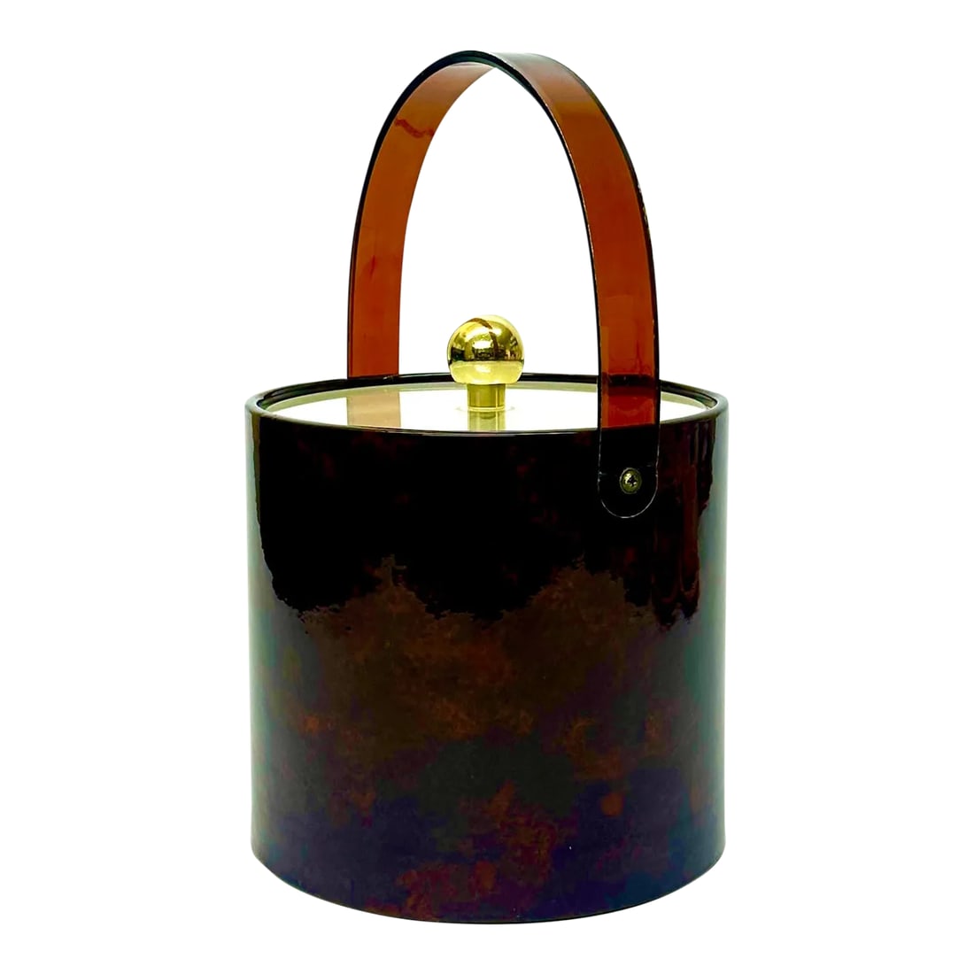 Rich Oxblood Faux Leather Acrylic Ice Bucket: Oxblood faux-leather ice bucket. This is a beautiful 1970s oxblood brown faux leather ice bucket; featuring a cylindrical shape, white interior, and clear lid and handle details. Width: 8.5" Height: