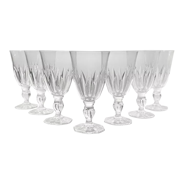 1980s Cristal D'Arques Crystal All Purpose Wine Water Glasses- Set of 7: Cristal D'Arques 7 Crystal All Purpose Glasses 7 3/8" 13oz Octagonal Base CRA140 No chips, cracks, or fleabites. Height 7 3/8" Length (Opening) 3 7/8" Holds 13oz Circa 1980-90s Condition: