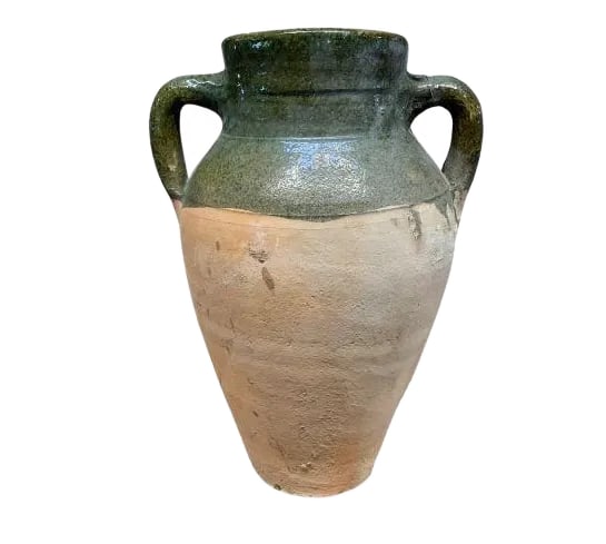 Turkish Terracotta Oil Jar: Hailing from the mountains of Anatolia and Konya in Turkey, these oil jars have a very transitional appeal. Each one is so wonderfully unique with its glaze and terra cotta color. You are buying a