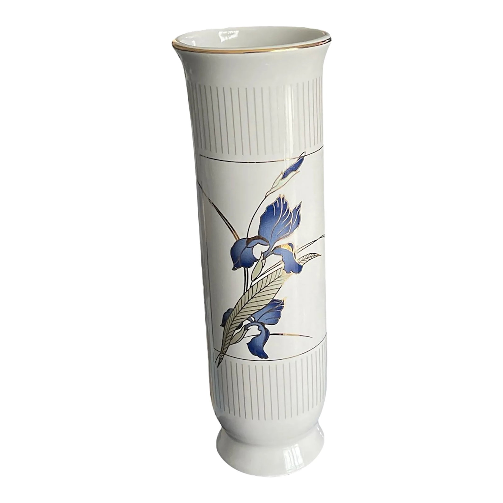 Vintage Grand Iris Otagiri Bud Vase: Vintage Otagiri porcelain bud vase. Pattern is called Grand Iris. The vase is a very light gray color with darker gray vertical lines and a blue/purple, green and gold iris on one side. Made in