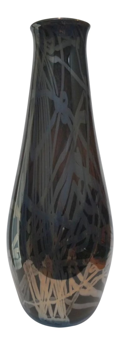 Vintage 1992 Smokey Black Art Glass Vase Signed: This is a fine example of a tall 16.5 inches handblown glass vase with a black body with overlays of strands of silver arranged freely but in an artistic manner all over. The tall vase with tapering