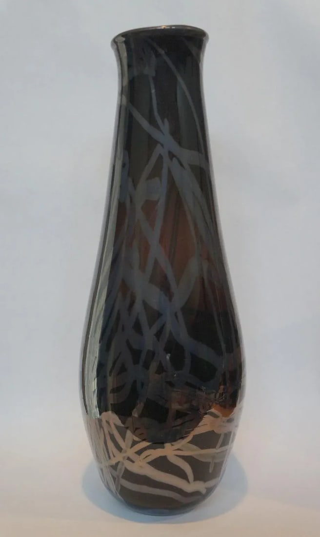 Vintage 1992 Smokey Black Art Glass Vase Signed - 2
