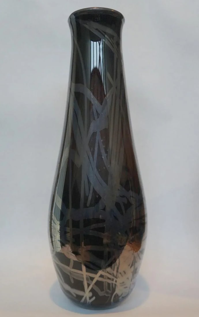 Vintage 1992 Smokey Black Art Glass Vase Signed - 3
