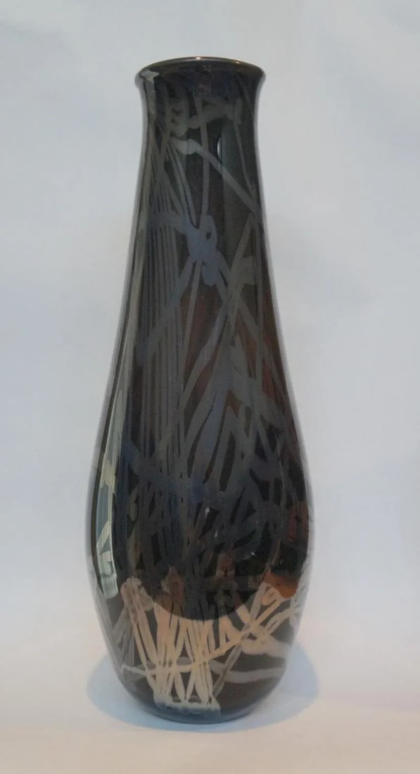 Vintage 1992 Smokey Black Art Glass Vase Signed - 9