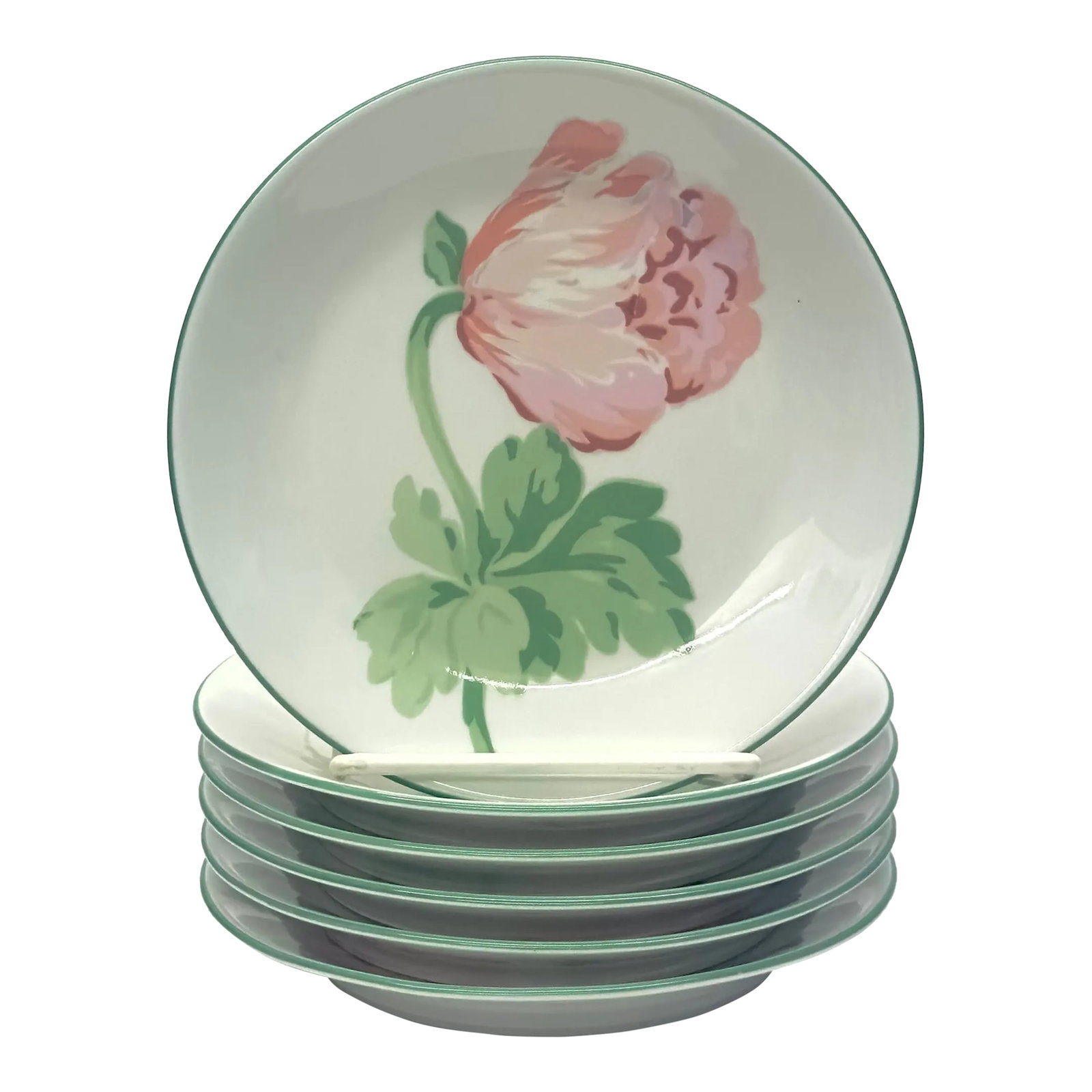 Pink & Green Primrose Side Plates by Impressions De Paris - Set of 6: Floral plates, group of 6. This set of six side plates was produced by Impressions de Paris in France. Featuring a delicate primrose motif with green stems, pink petals, white background, and green
