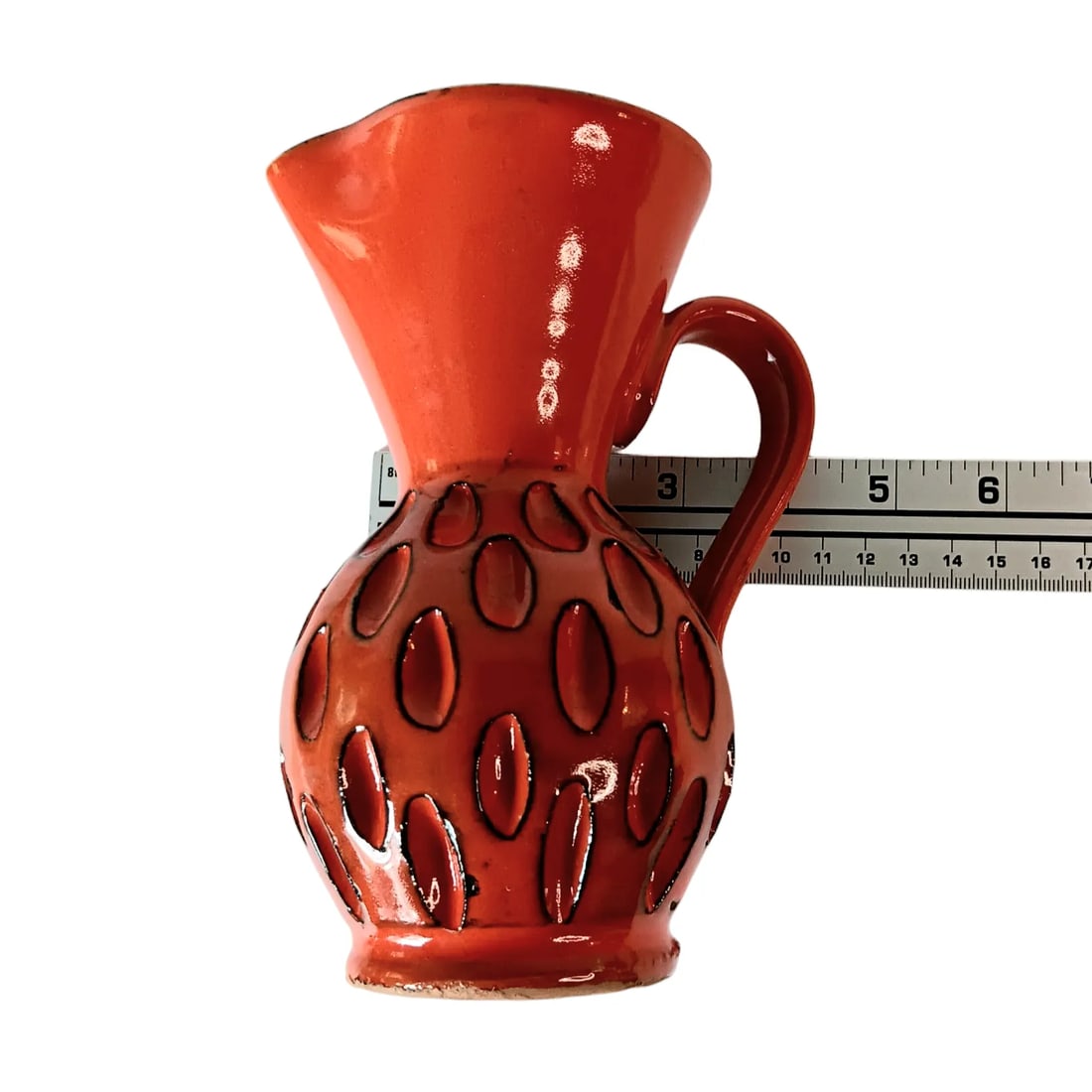Mid-Century Modern Orange & Black Sgraffito Pitcher, Made in Italy - 12