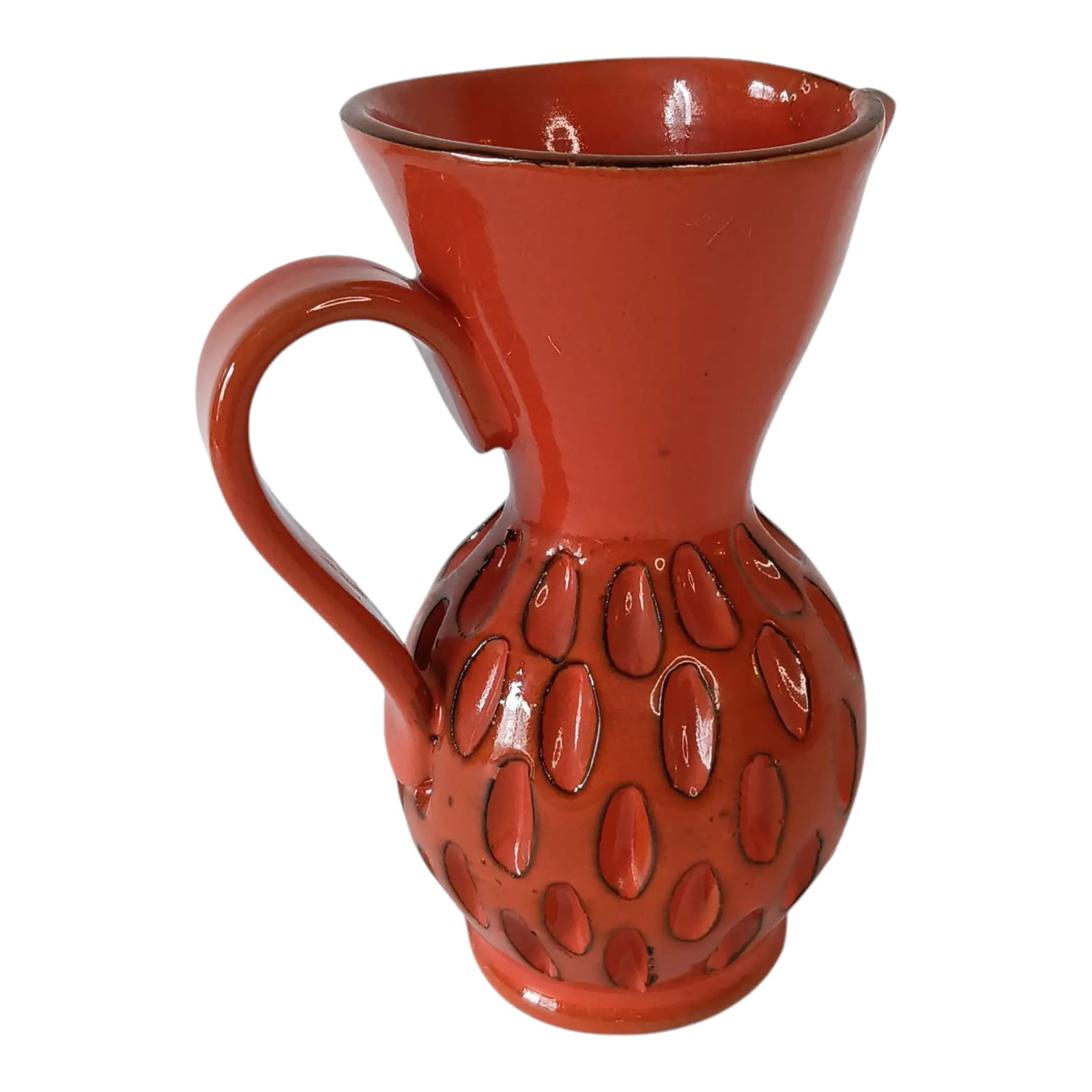 Mid-Century Modern Orange & Black Sgraffito Pitcher, Made in Italy: Mid-century Modern Orange & Black Sgraffito Pitcher Vase Vintage Made in Italy Approximately 7" x 4" Weighs approximately 1.5 lbs Very good vintage condition. No chips or cracks. Some manufacturing