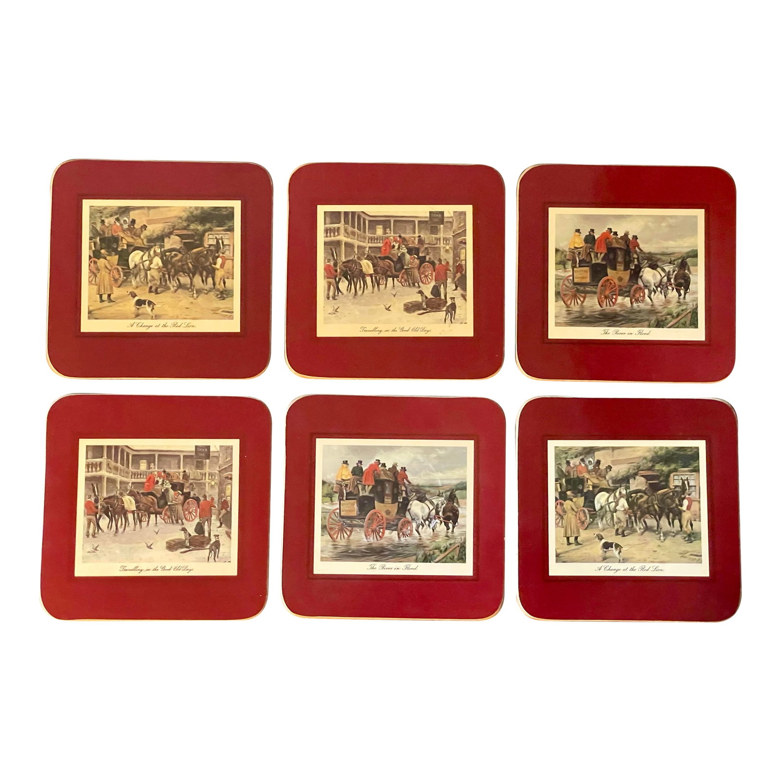 Vintage Coaching Scenes Coasters- Set of 6: A set of cork backed coasters bordered in dark red with scenes from the early 19th century coaching period featuring travelers, carriages and inns. Ships within 1-2 days using USPS. All items packed