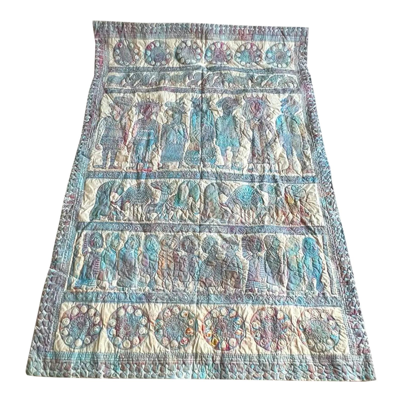 1990s Original Large Art Textile Embroidery Stitching Painting Indonesia: Original large art textile with embroidery stitching and painting from Indonesia. Features people, animals, and geometric patterns in blue stitching with coloring in blue, pink, yellow on cream