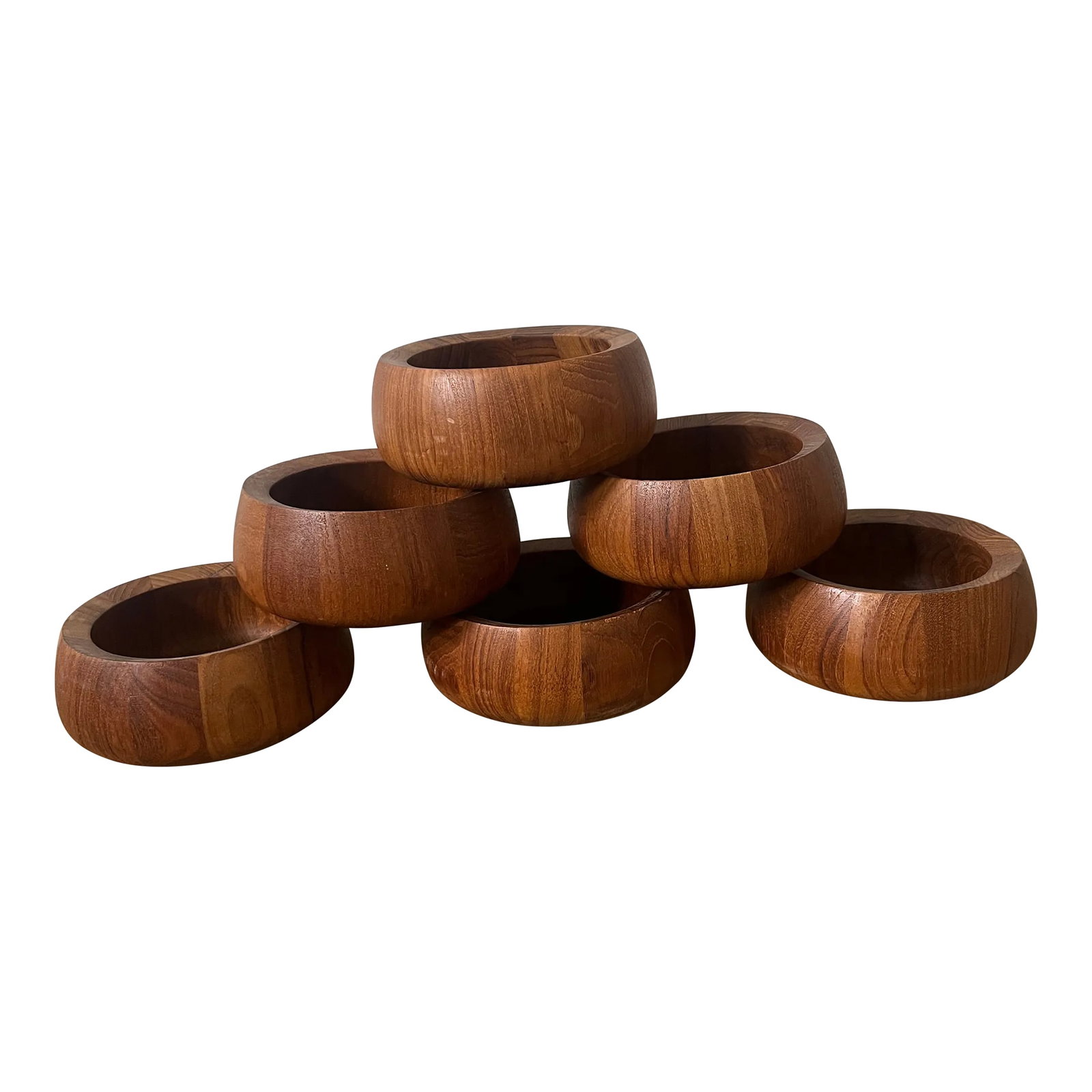Vintage Dansk Staved Teak Serving Bowls by Jens Quistgaard Jhq Thailand- 6 Pieces: Beautiful set of 6 teak serving bowls by Dansk, marked JHQ, made in Thailand. 6-1/2" in diameter, approximately 2-3/8" high. Marked "Dansk International Designs LTD Thailand, JHQ". Condition: