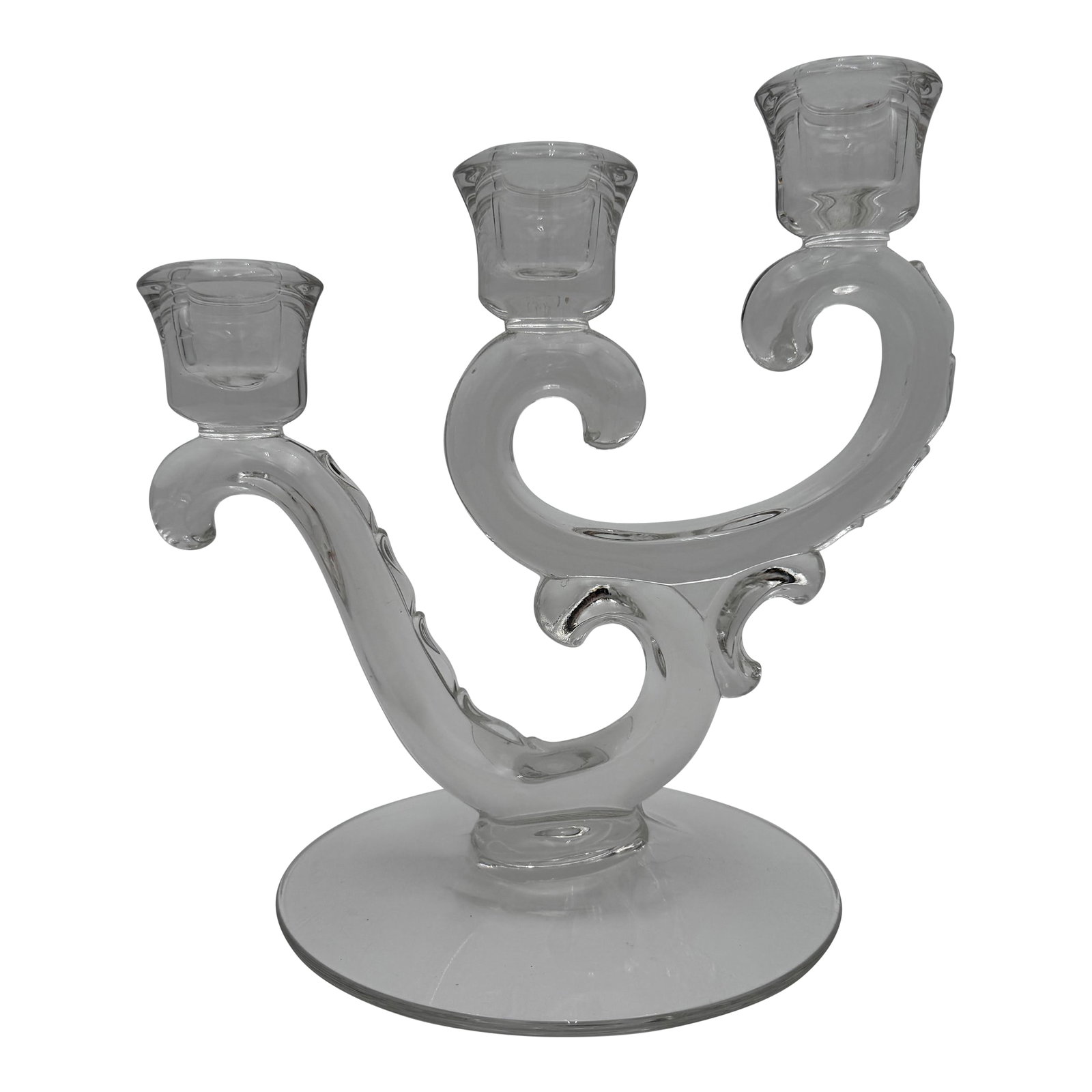 Vintage Fostoria Heather Pattern Triple Light Candlestick Candelabra: Circa 1949-1971. Beautiful pristine candleholder. No chips or cracks. 7.75 inches tall Identical to the Fostoria Century with the exception of the heigth at 7 5/8 inches tall Condition: Alterations:
