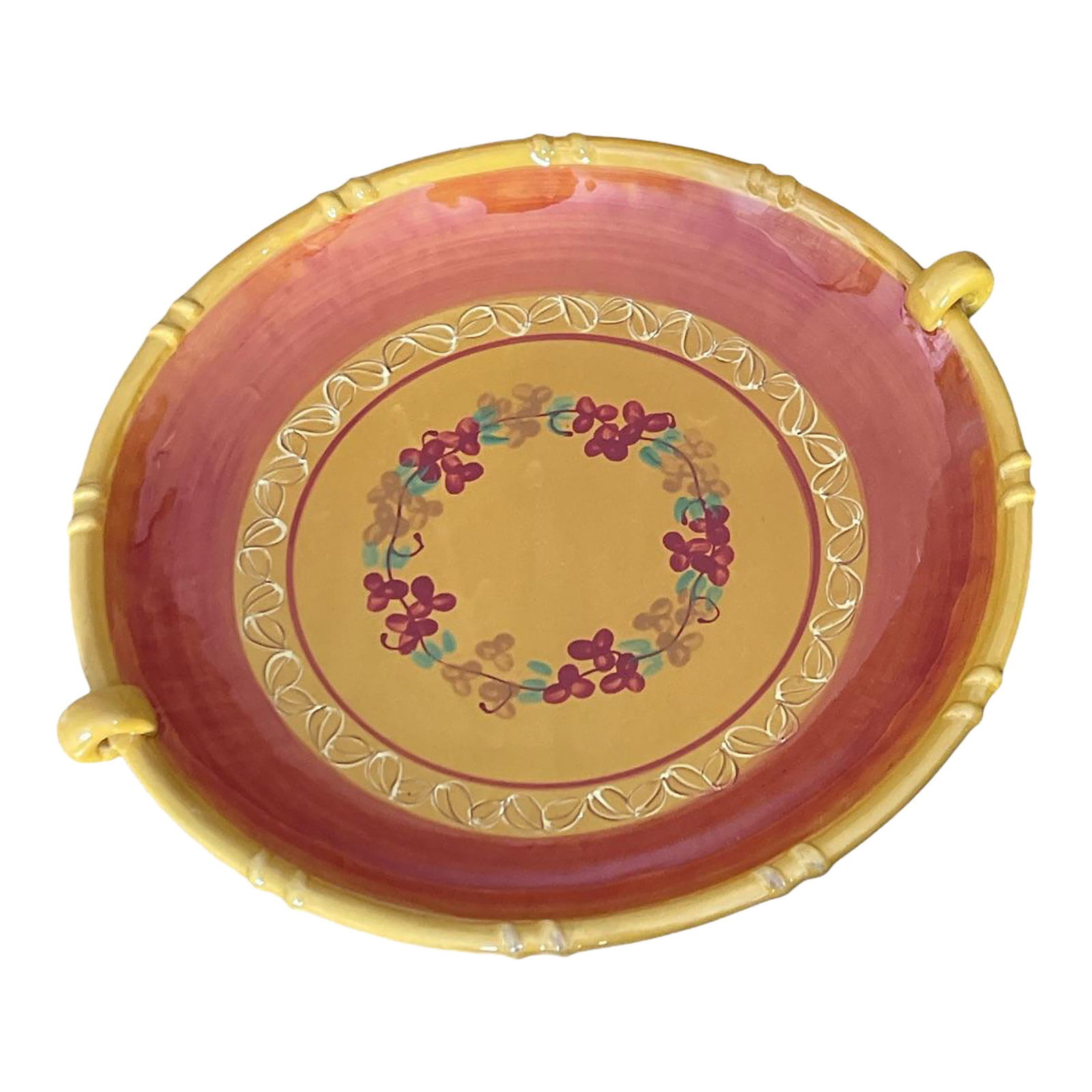 1960s Provencal Ambiance Collections Stoneware Oval Bowl Platter: 1960s Provencal multi-use XL pottery bowl has a floral & berry pattern that was hand painted inside and out in earthy pigments of red, green, saffron, over a sun-drenched mustard yellow glaze - a