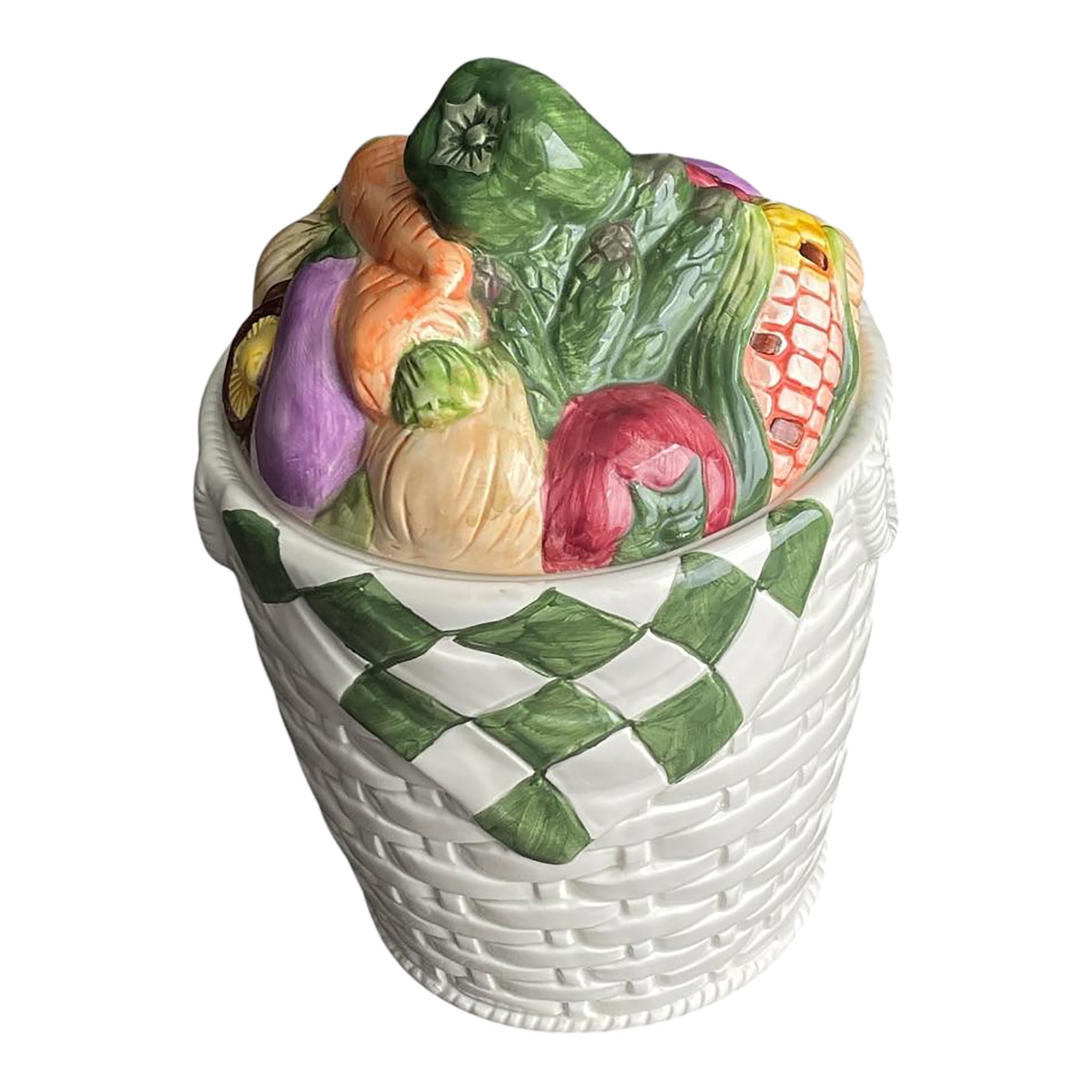 1980s Kung Shing 3D Fruit Vegetables Basket Weave Canister: RARE Kung Shing Ceramic Canister/ Jar. 3D Fruits and Vegetable Lid on white basket weave with green/white checked towel. Measures approx 10" tall Overall Great Condition - Used. No chips or cracks.