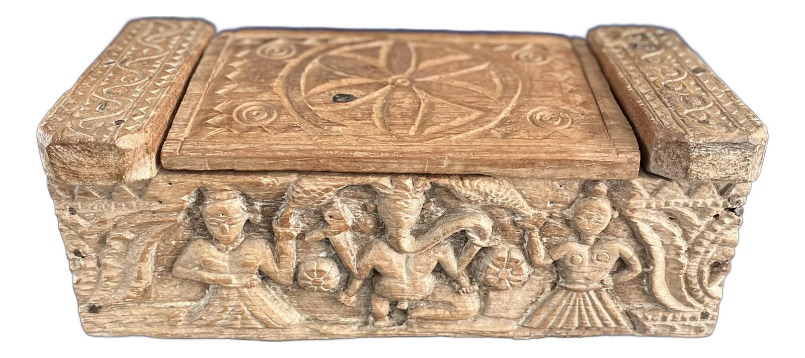 Vintage Handcrafted Carved Hindu Vibhuti Box: This stunning, handcrafted, wooden box featuring the Goddesses Lakshmi and Saraswati and Lord Ganesha. The three, when worshipped together, welcome wealth, intelligence, and prosperity. A Vibhuti box
