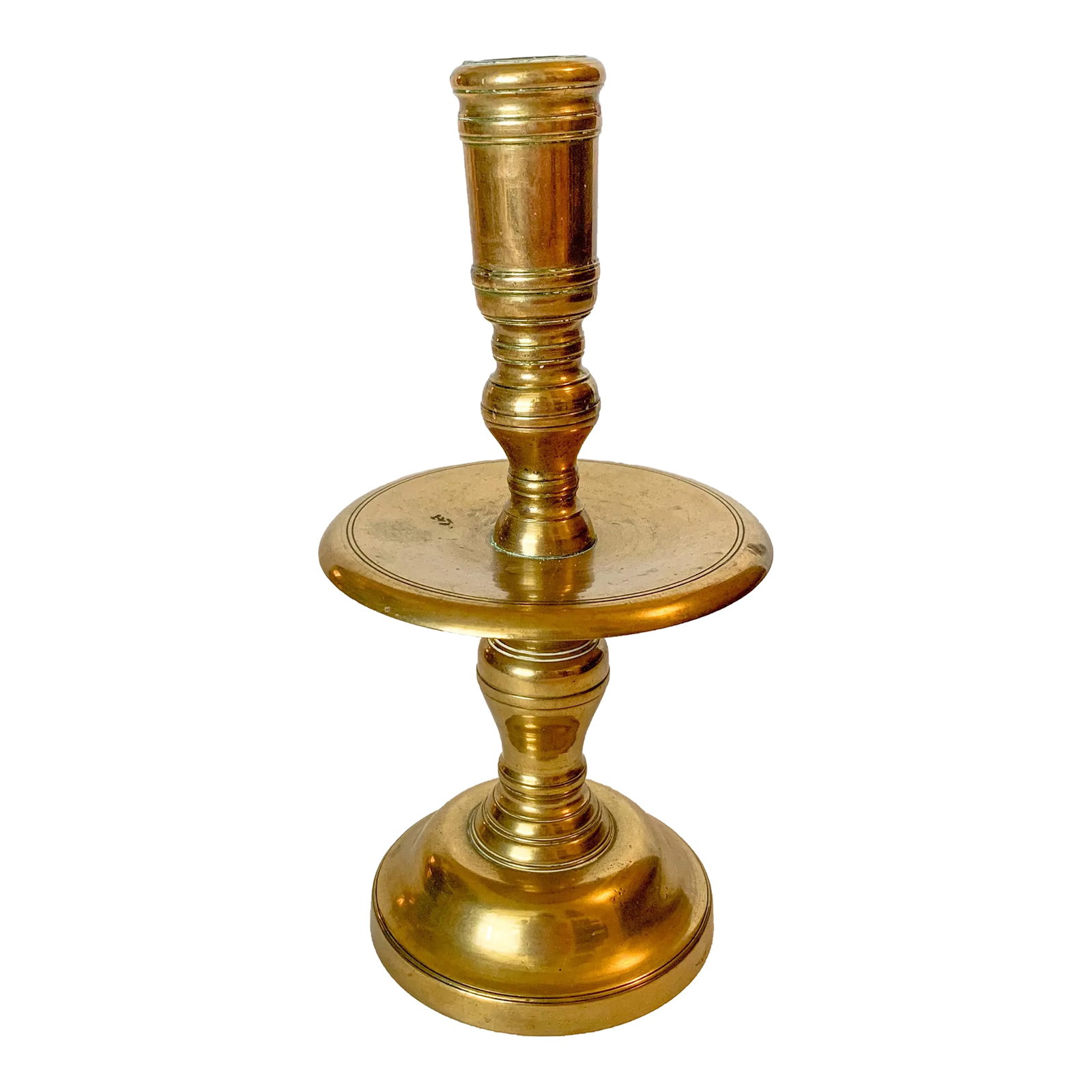 Antique Heavy Brass Baluster Candlestick Holder: Stunning, very heavy solid brass baluster taper candlestick holder with a drip tray. The details are just lovely on this piece! Measures: 5" dia x 10" h Condition: Alterations: Original Condition