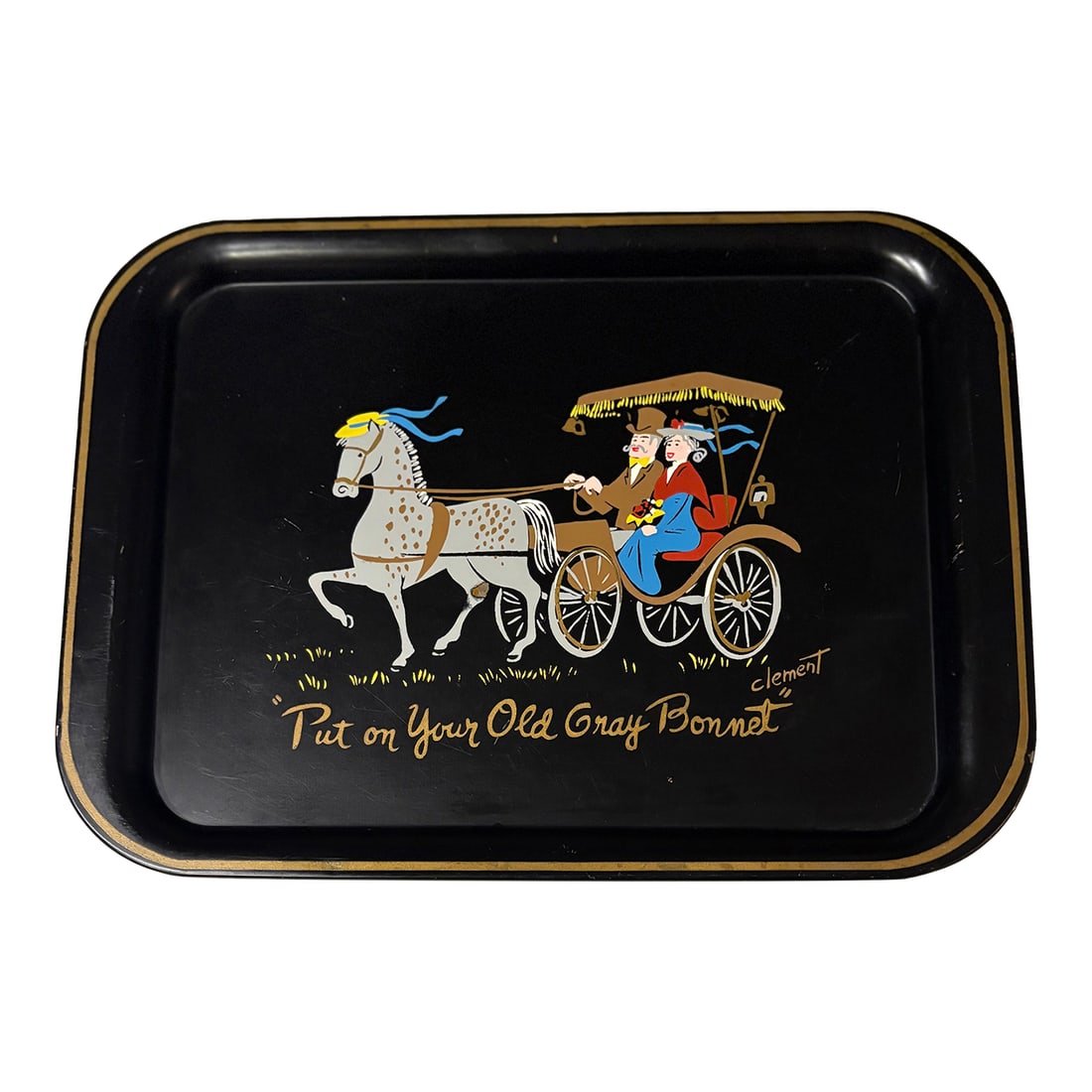 Hand Painted Horse Drawn Carriage Black Metal Tray by Clement: Vintage Black Metal Tray Hand-painted Victorian era horse-drawn carriage with courting couple "Put on Your Old Gray Bonnet"- Title of popular early 2oth Century song Artist: Clement (signed on front)