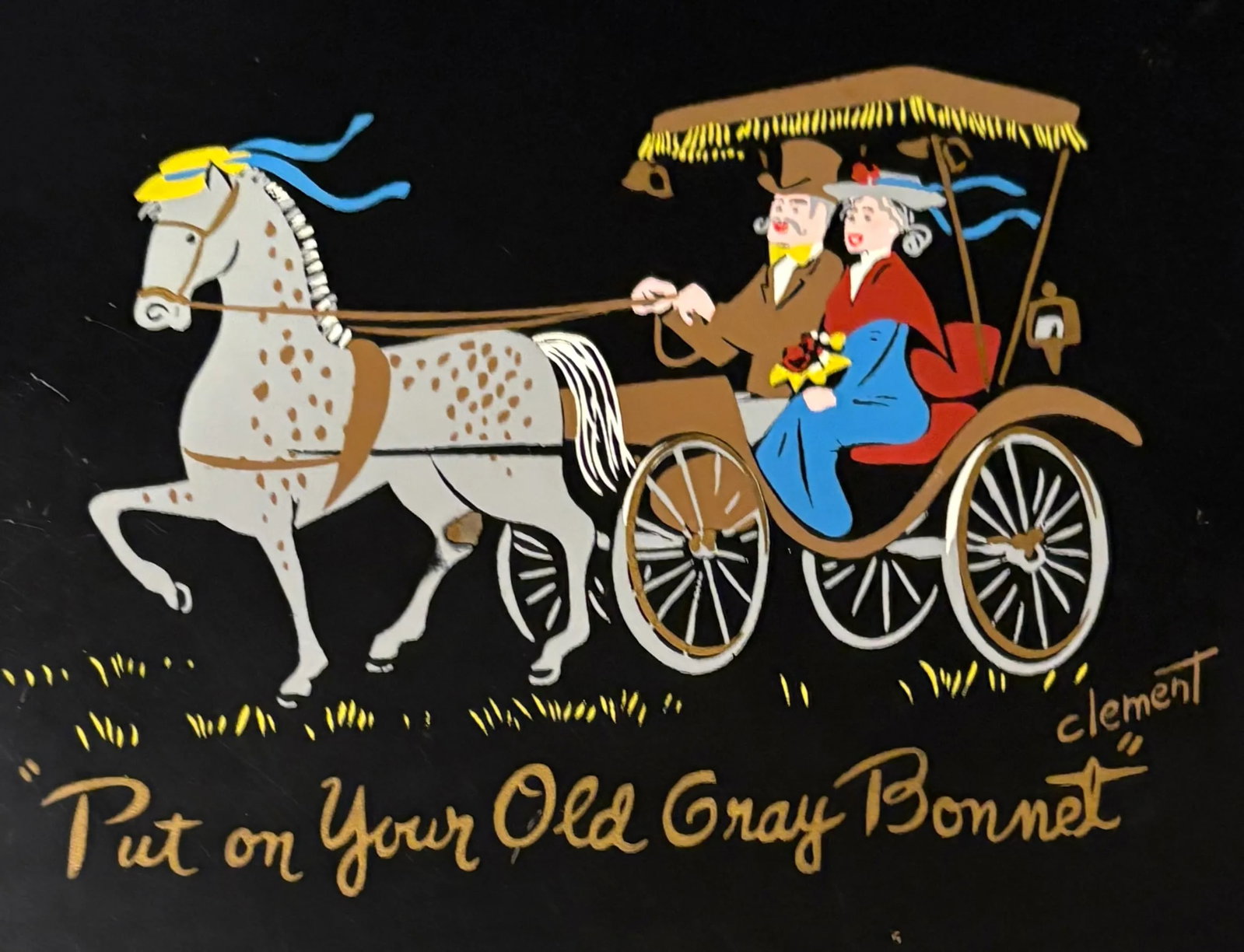 Hand Painted Horse Drawn Carriage Black Metal Tray by Clement - 2