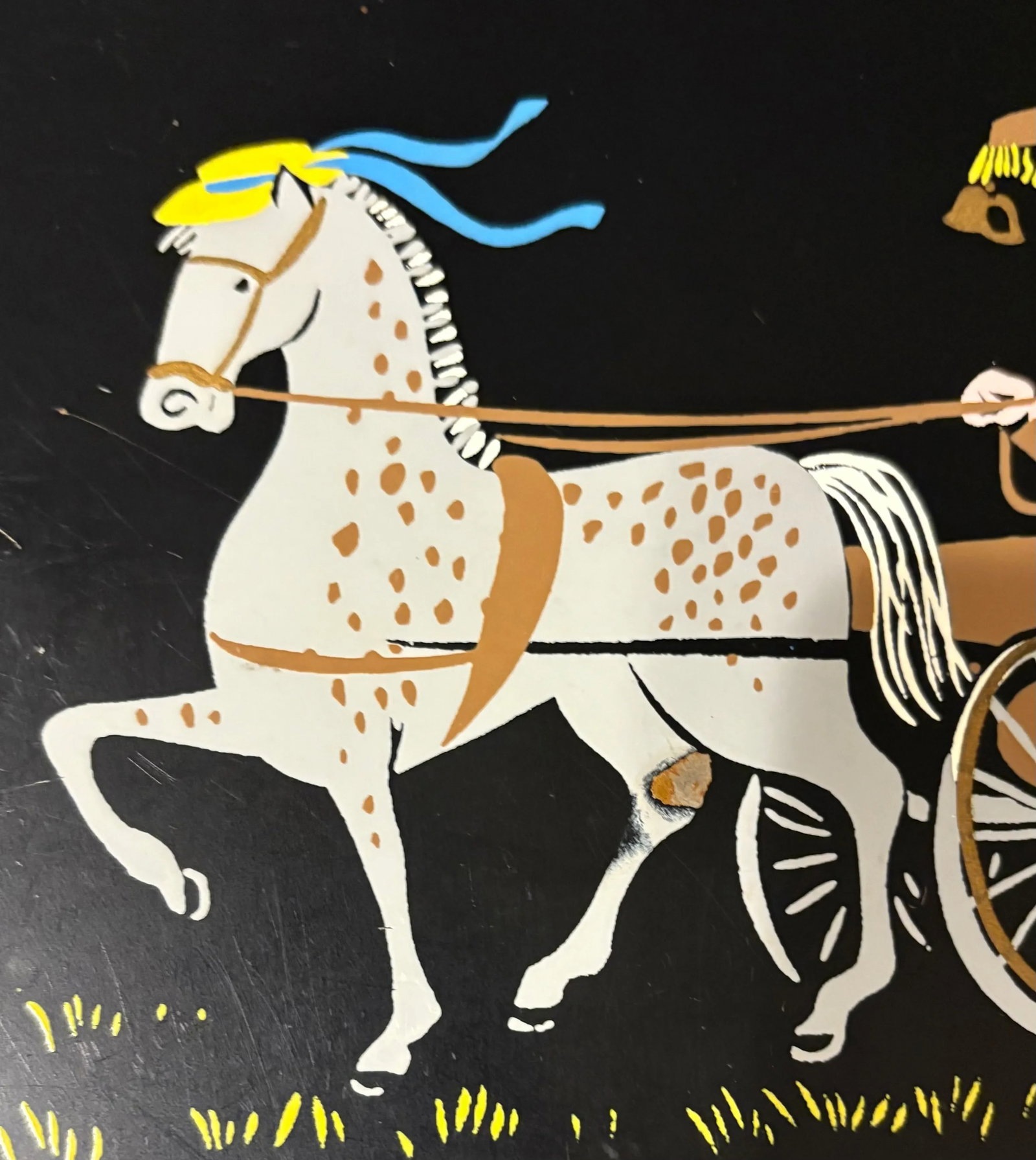 Hand Painted Horse Drawn Carriage Black Metal Tray by Clement - 3