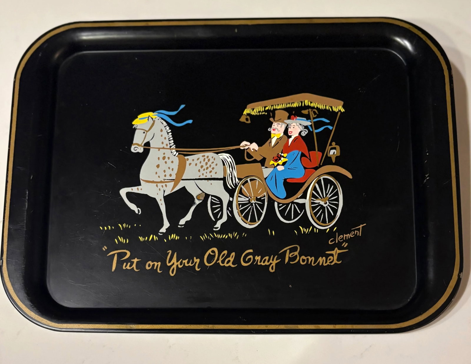 Hand Painted Horse Drawn Carriage Black Metal Tray by Clement - 7