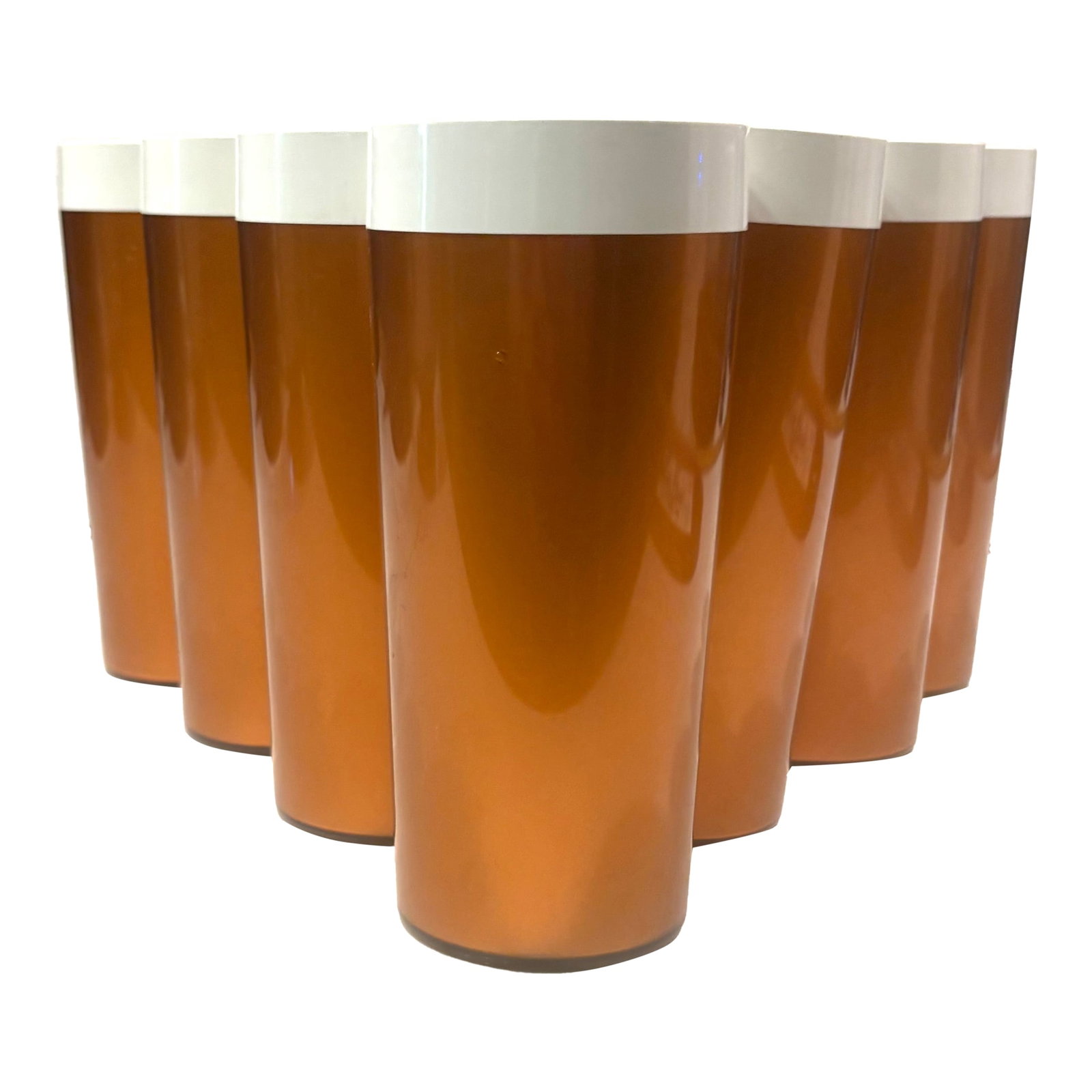1960's Mid Century Modern Tall Insulated Copper Tumblers - Set of 7: Stay cool by the pool, 1960's style! This set of 7 Thermo-Serve Tumblers are insulated to help keep your 12OZ cold drinks cold. The outside is a slightly iridescent copper and the interior and top