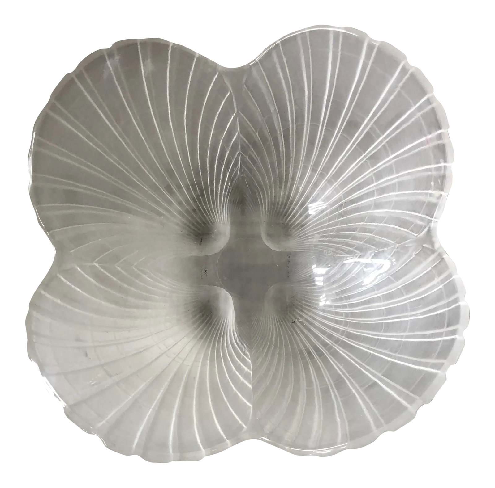 1980s Frosted Glass Shell Shaped Serving Bowl: Frosted glass serving bowl with shell shaped design in glass Condition: Alterations: Original Condition Unaltered Imperfections: Some Imperfections Condition Notes: A few small surface-level