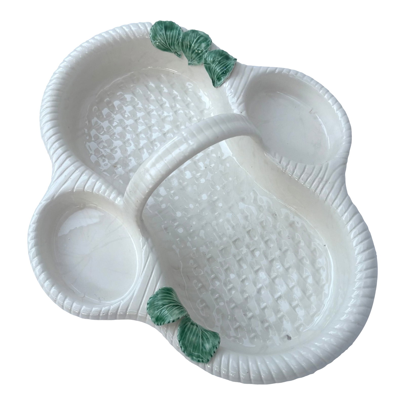 Vintage Majolica Trompe-l'Oeil Woven Ceramic Basket With Green Leaves: This vintage Portuguese white ceramic basket weave handled serving dish with dimensional green leaf accents has three sections (one large and two small). Perfect for Strawberries with brown sugar and