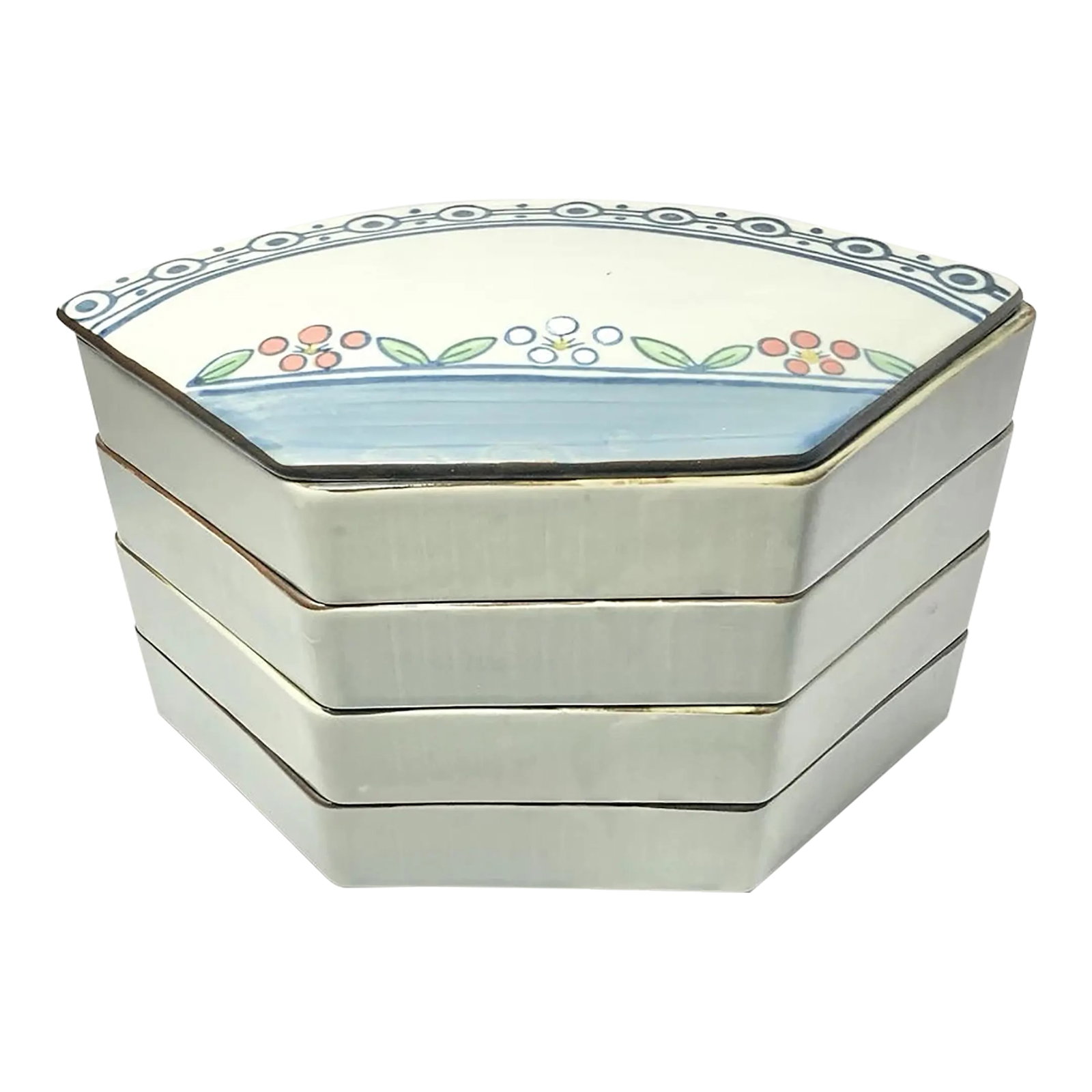 1970s Japanese Porcelain 4-Tier Stacking Trinket Serving Dish & Lid: Japanese Porcelain 4-Tier Stacking Trinket Serving Dish & Lid 9 1/2" No chips, cracks, or fleabites. Length 9 1/2" Width 4 1/2" Height 6" Circa 1970-80s Condition: Alterations: Original Conditio