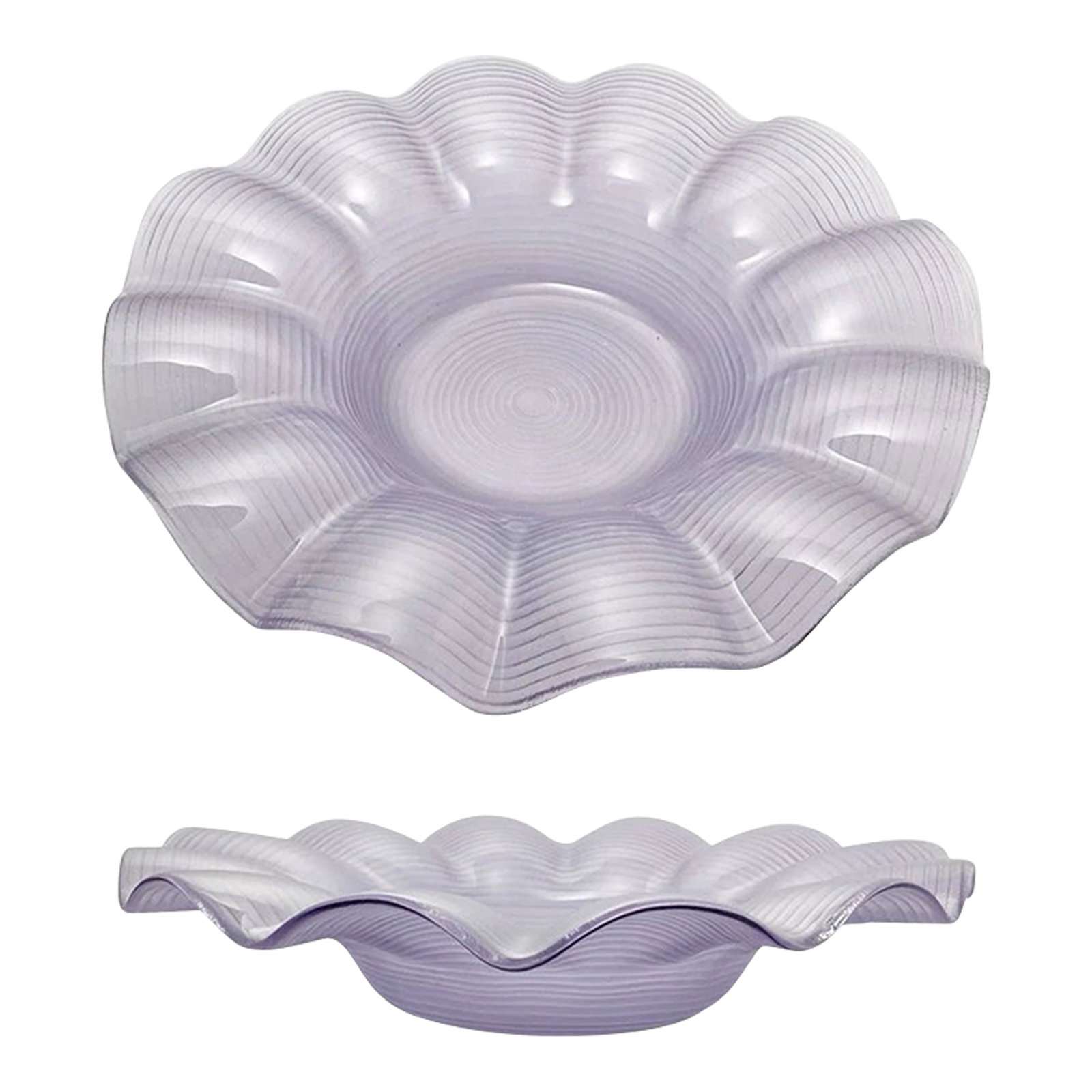 Laslo for Mikasa Purple Lavender Flower Frosted Ruffled Large Glass Bowl: Laslo for Mikasa Purple Lavender Flower Frosted Ruffled Large Glass Bowl 15" No chips, cracks, or fleabites. Length 15" Height 3" Circa 2000s Condition: Alterations: Original Condition Unaltered Imp