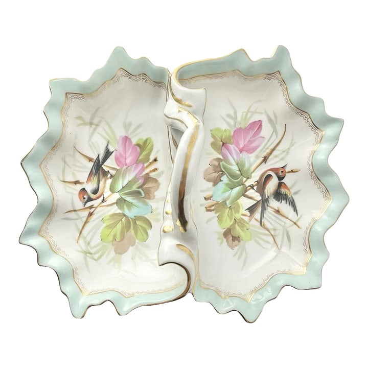 1890s Antique French Porcelain Divided Serving Dish Bowl, Bird Motif: 1890s Antique French Porcelain Divided Serving Dish Bowl, Bird Motif Teal Blue Good antique condition. No cracks or chips. Length 11 1/2" Width 9 1/2" Height 4 1/2" Circa 1890-1910s Condition: