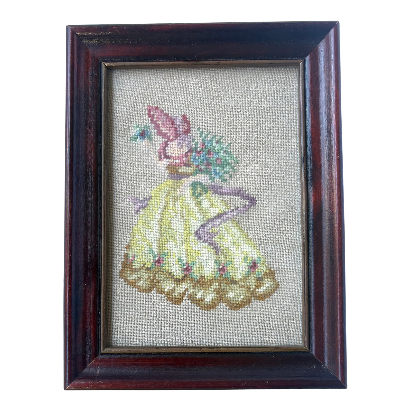 Vintage Boho Needlepoint of Victorian Lady in Pink Bonnet and Yellow Dress: My fair lady! Charming early 1900's needlepoint depicting a lady in a pale yellow frock with a pink bonnet and bouquet of blossoms. Framed behind glass. DIMENSIONS 6.5"W x 1.5"D x 8.25"H PS: If you