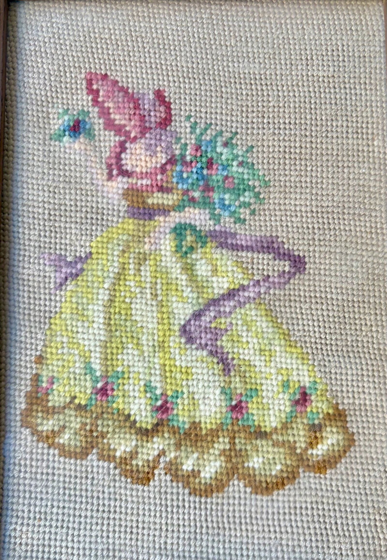Vintage Boho Needlepoint of Victorian Lady in Pink Bonnet and Yellow Dress - 2