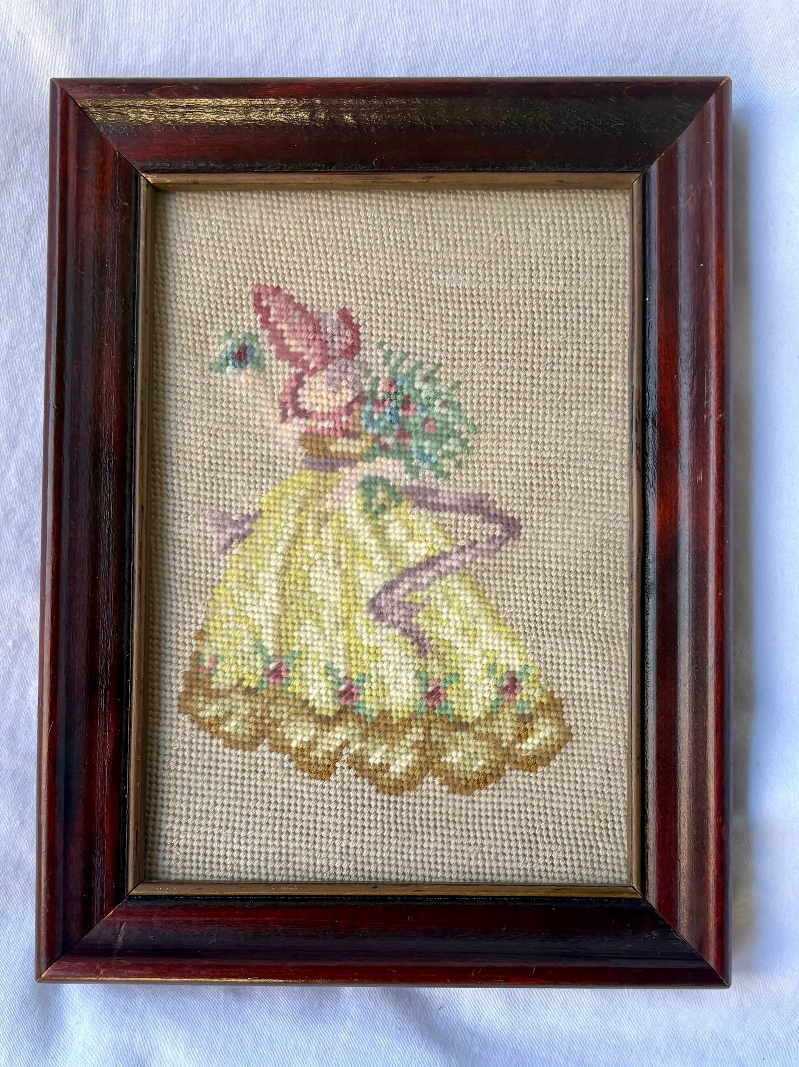 Vintage Boho Needlepoint of Victorian Lady in Pink Bonnet and Yellow Dress - 3