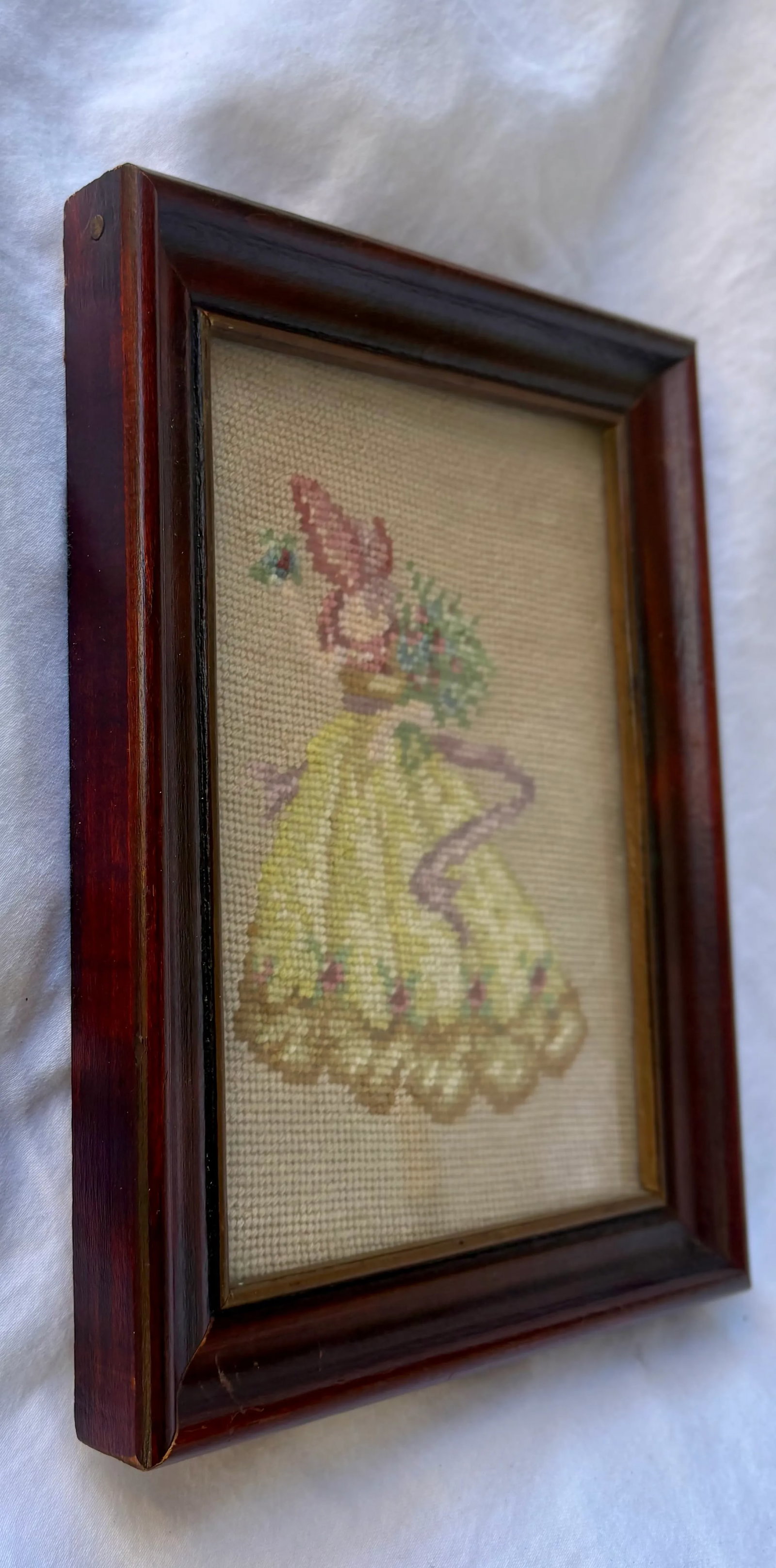 Vintage Boho Needlepoint of Victorian Lady in Pink Bonnet and Yellow Dress - 4