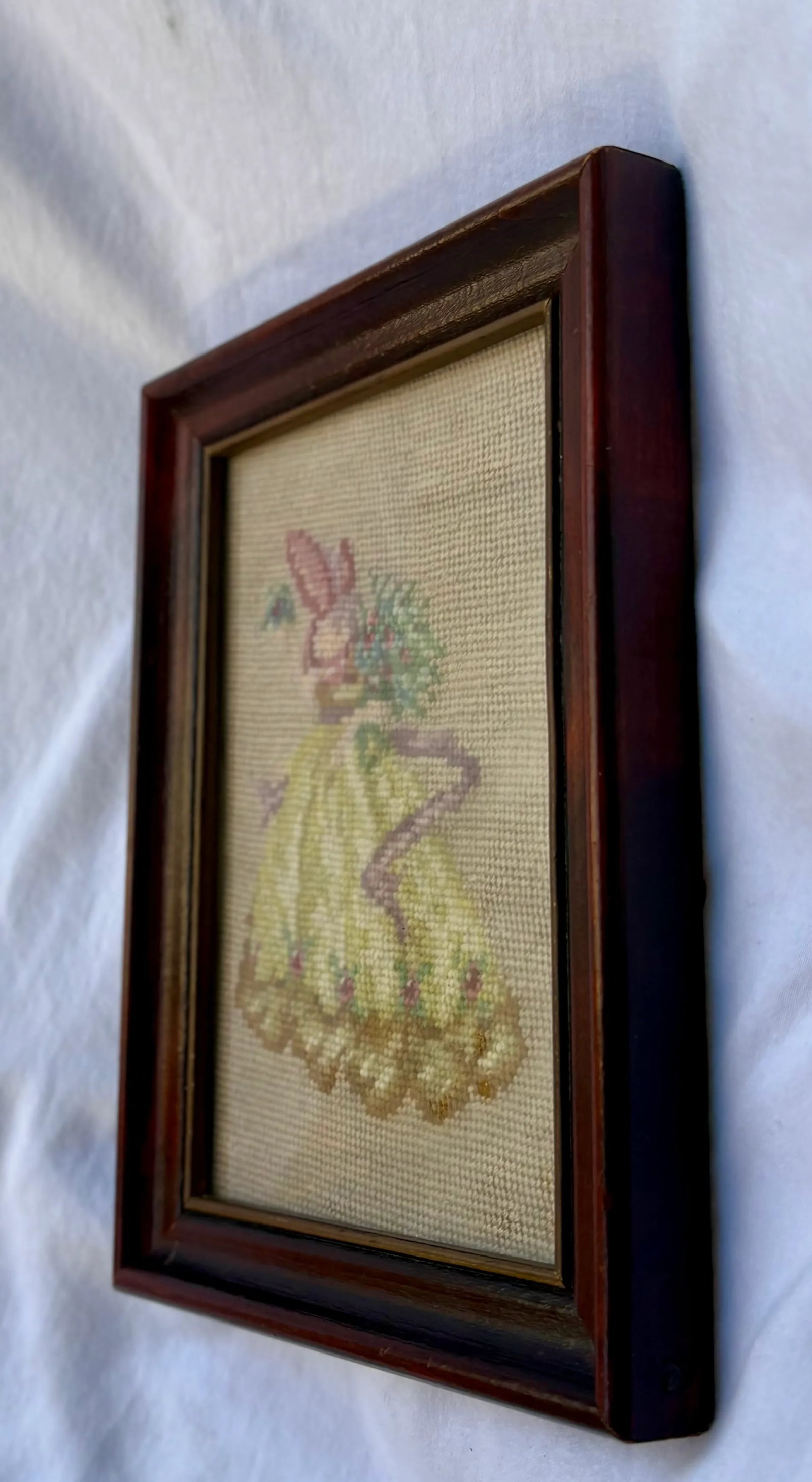 Vintage Boho Needlepoint of Victorian Lady in Pink Bonnet and Yellow Dress - 6