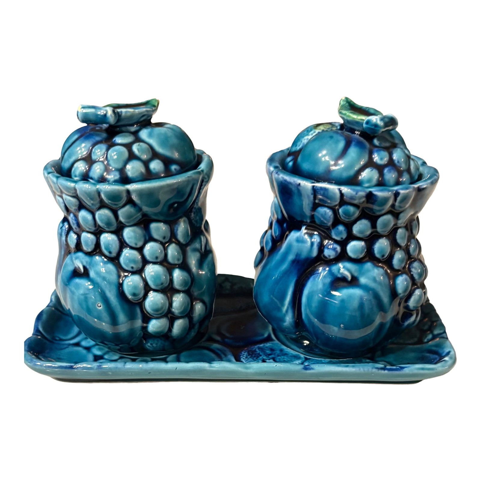 1960's Mood Indigo Blue 3 Piece Condiment Set by Inarco: Moody Blues for your table! This vintage majolica condiment set has blue embossed fruit and green leaves. Part of the Mood Indigo Blue pattern made by Inarco (Japan) in the 1960's. 3 Piece Condiment