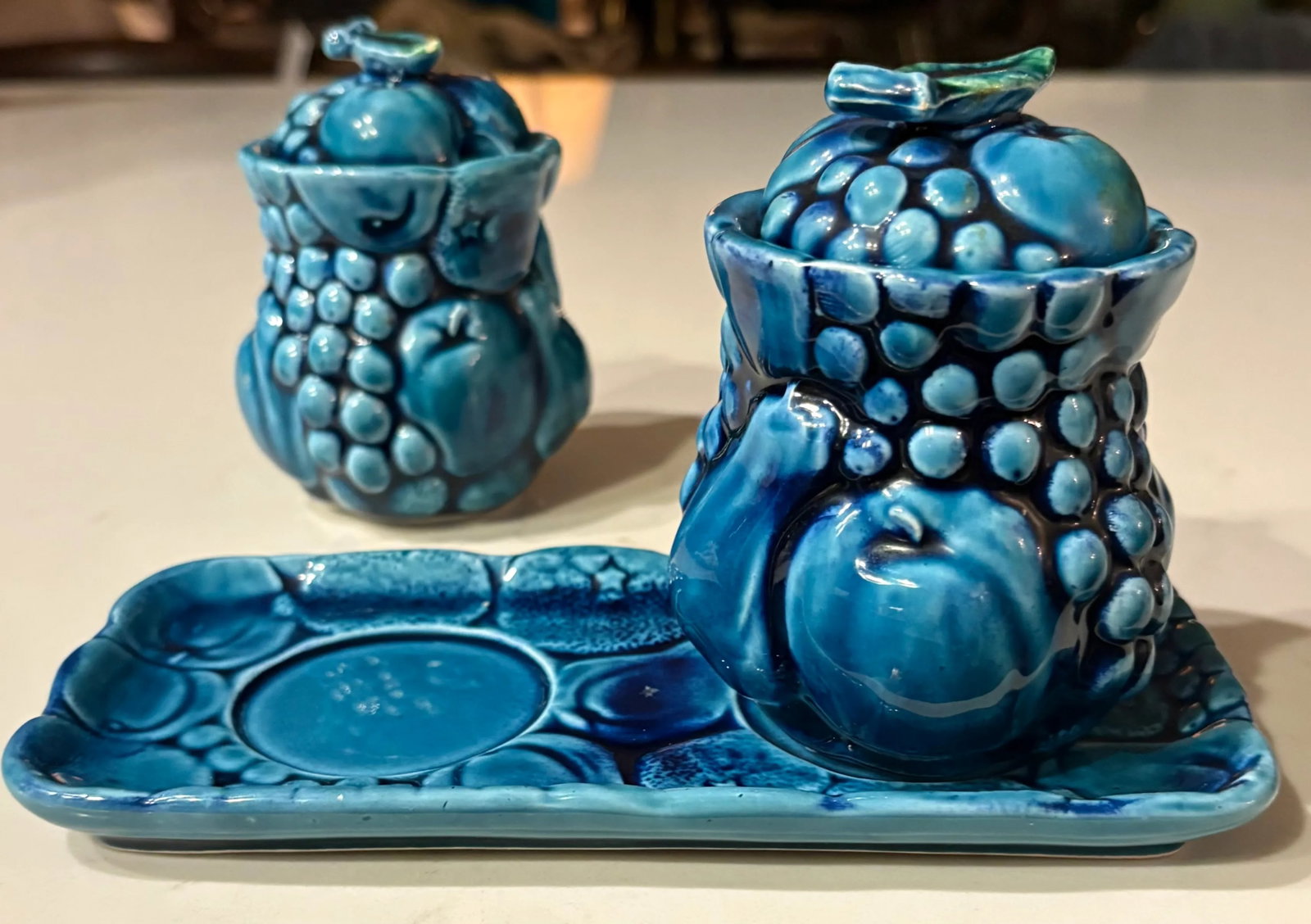 1960's Mood Indigo Blue 3 Piece Condiment Set by Inarco - 2