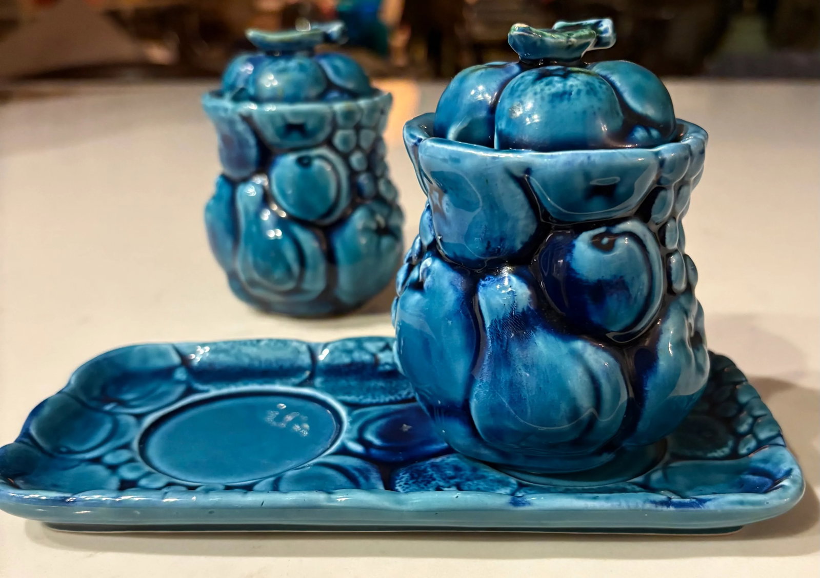 1960's Mood Indigo Blue 3 Piece Condiment Set by Inarco - 8
