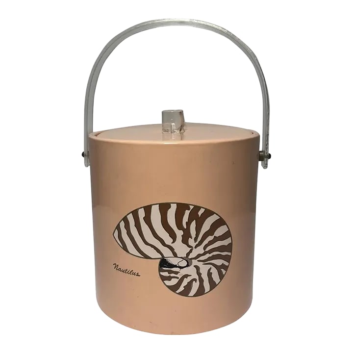 1980's Georges Briard Style Peach Vinyl and Lucite Nautilus Sea Shell Ice Bucket by Specialities Unl: She sells (nautilus) sea shell (ice buckets) by the seashore.... This vintage ice bucket, by Specialties Unlimited of New Jersey, has a fresh and subtly sophisticated color palette and artwork, in the