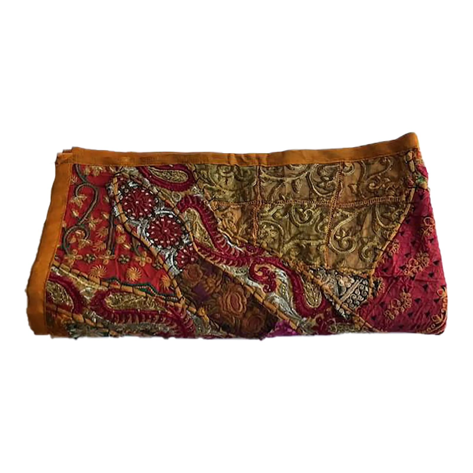 Vintage 1980s Handmade Metallic Indian Tapestry Quilt: Beautiful and colorful vintage 1980s small quilt. Handmade in India. Made of silk and metallic threads. Condition: Alterations: Original Condition Unaltered Imperfections: Some Imperfections