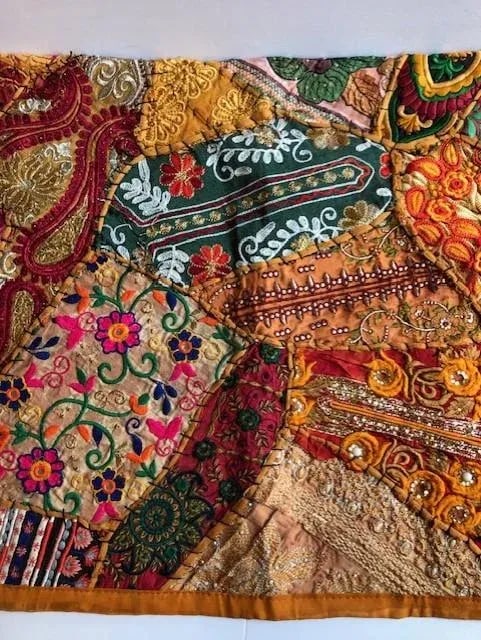 Vintage 1980s Handmade Metallic Indian Tapestry Quilt - 2