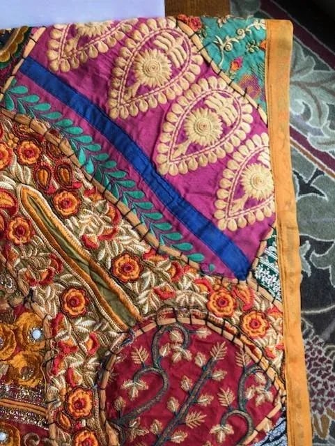 Vintage 1980s Handmade Metallic Indian Tapestry Quilt - 3