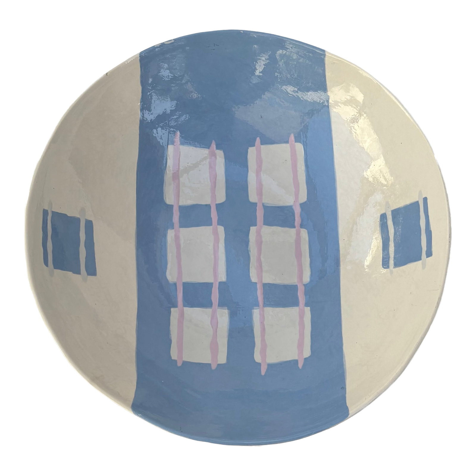 1980's Memphis Style Studio Pottery Bowl, Signed by Artist: The pastel colors of this large Memphis Style decorative bowl seem perfectly of the moment, although it was made over 35 years ago. Sky blue, and soft pink graphic shapes and lines decorate the