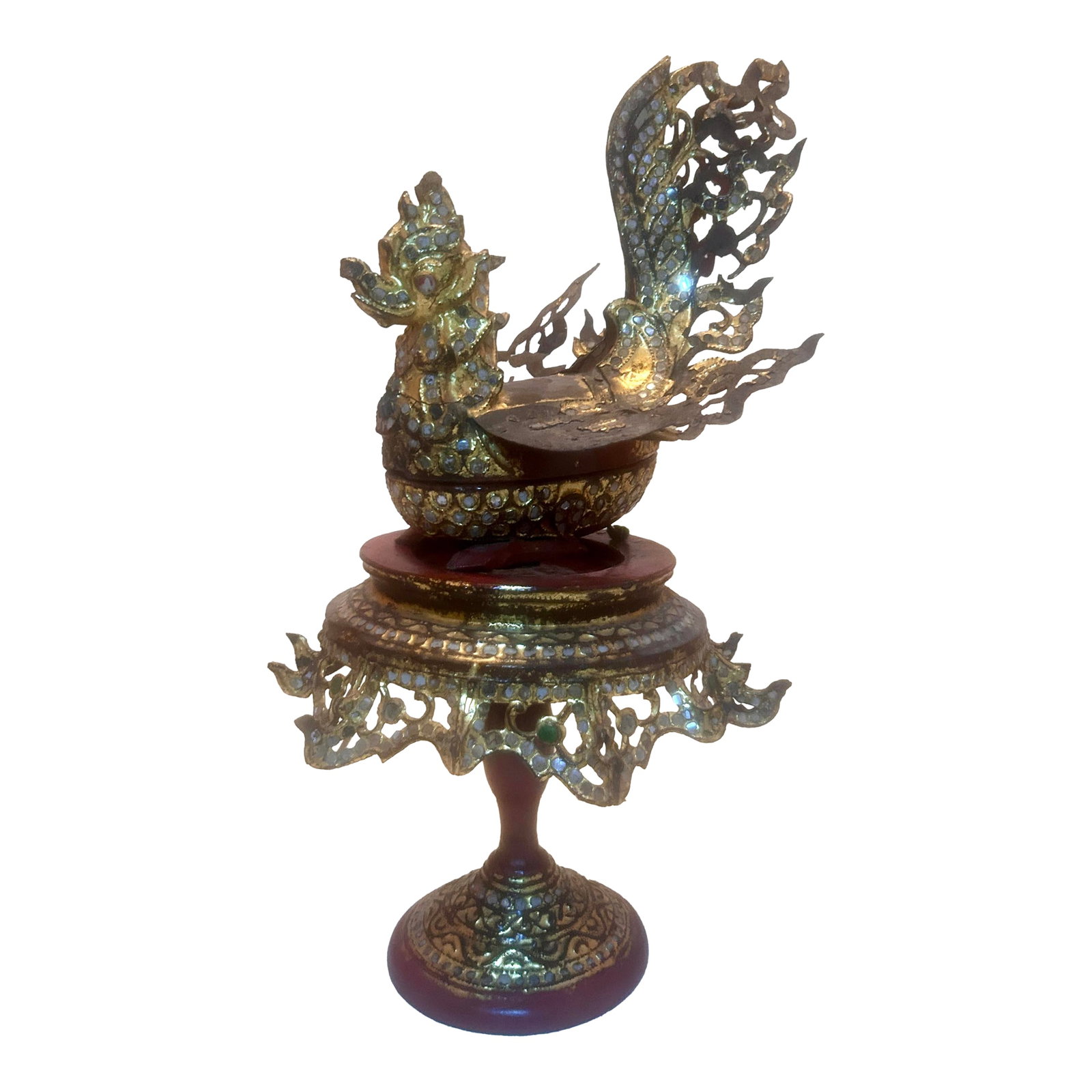 Antique Burmese Hintha Bird-Shaped Betel Gold Lacquered Box on Offering Stand - 3 Pieces: Museum quality lacquered and gilded wood and ferrous metal and wood with mirrored glass inlay. Mandalay, Myanmar (Burma). Approx. 1890-1920 Set includes a stand, bird vessel with lid and base. Bird si