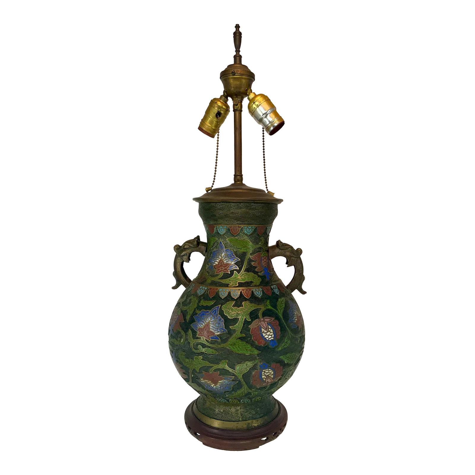 Large and Impressive Antique Japanese Bronze Champleve Lamp: Beautiful antique bronze champleve urn with dragon head handles as table lamp . Condition: Alterations: Original Condition Unaltered Imperfections: Some Imperfections Condition Notes: Wear , patina