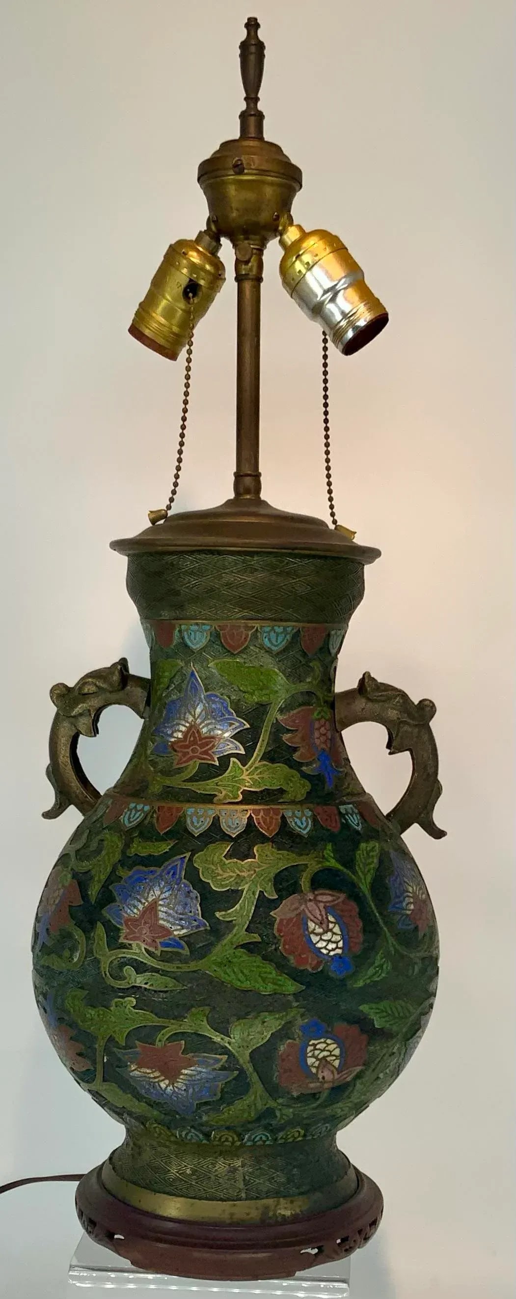 Large and Impressive Antique Japanese Bronze Champleve Lamp - 2