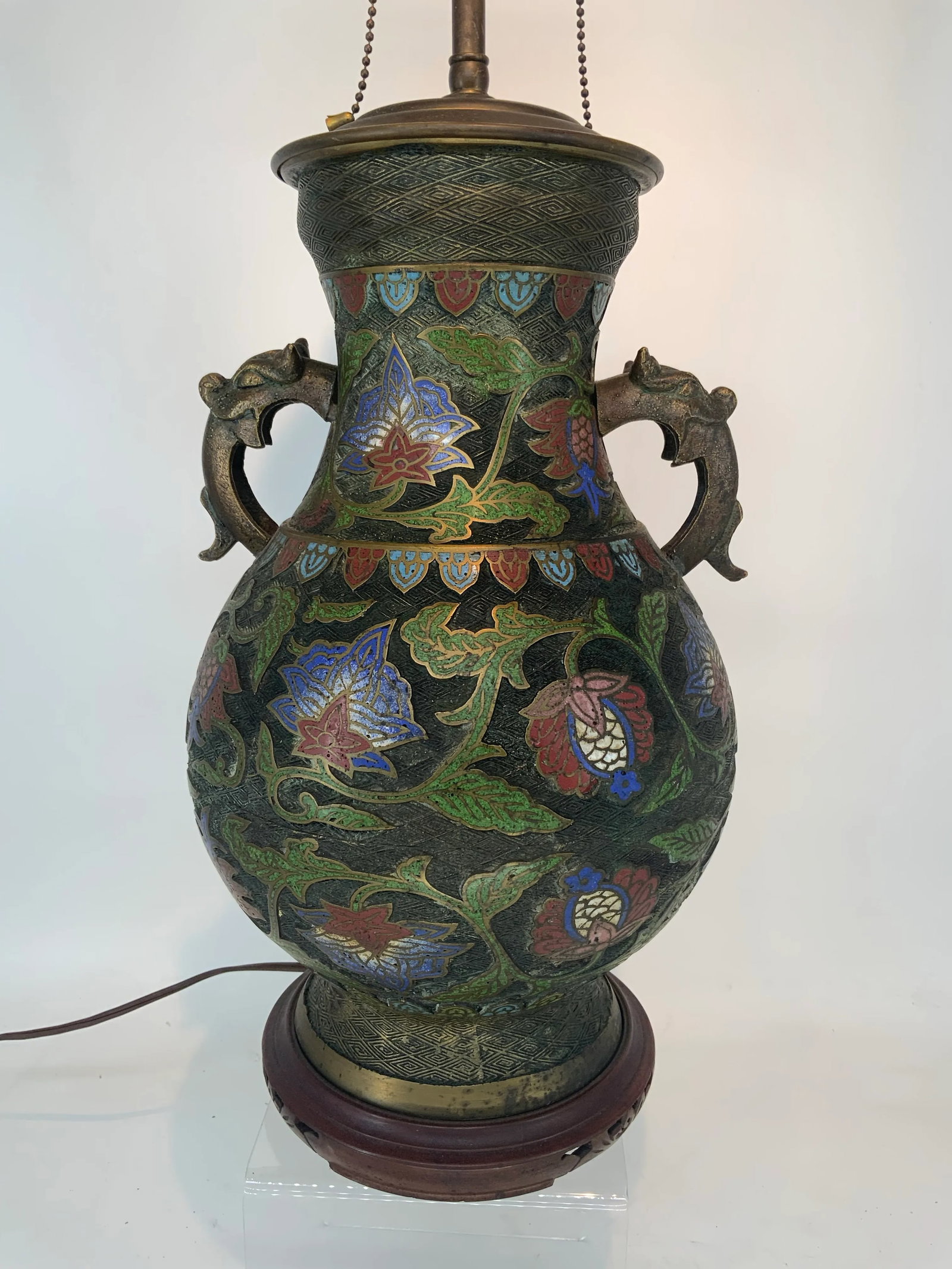 Large and Impressive Antique Japanese Bronze Champleve Lamp - 3