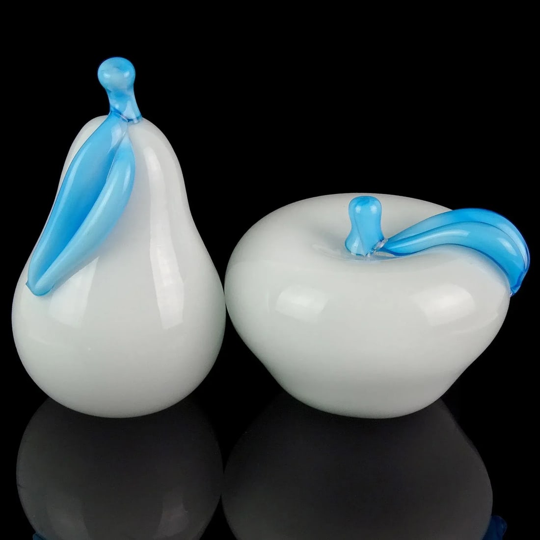 Vintage Murano White Sky Blue Italian Art Glass Pear and Apple Fruit Sculpture Paperweights - Set of - 2