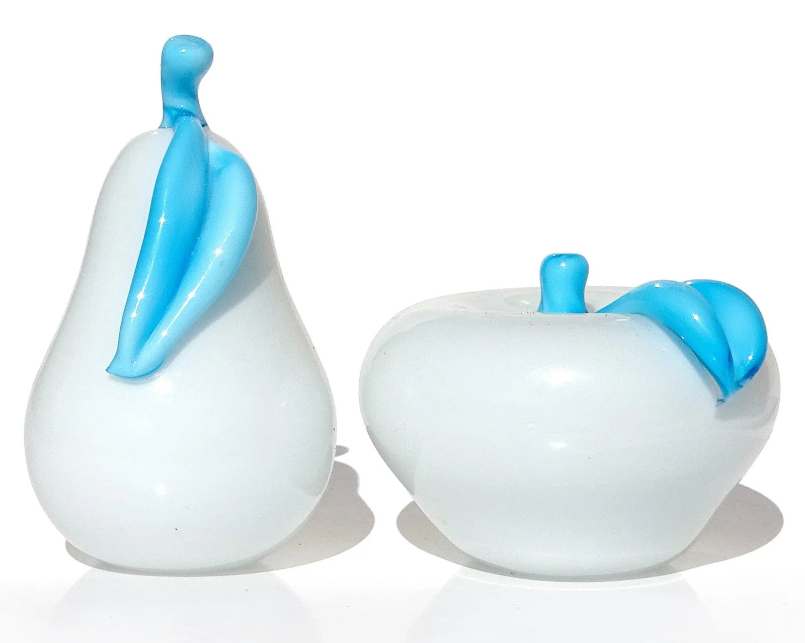 Vintage Murano White Sky Blue Italian Art Glass Pear and Apple Fruit Sculpture Paperweights - Set of - 4