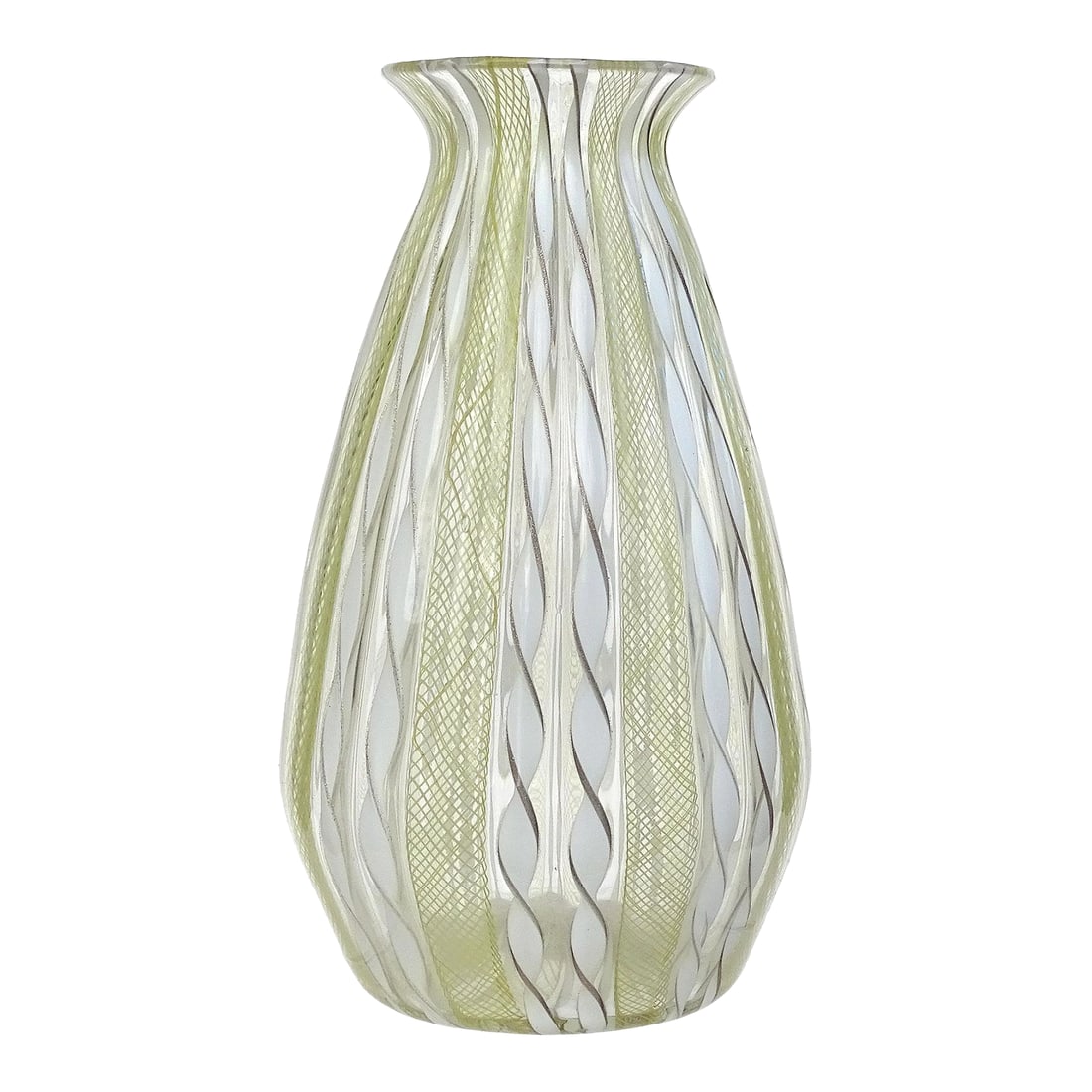 Murano Yellow Zanfirico White Aventurine Ribbon Vintage Italian Art Glass Mid-Century Flower Vase: Beautiful vintage Murano hand blown yellow and white ribbons Italian art glass flower vase. It is made with alternating yellow Zanfirico net ribbons, and twisting white with silver aventurine trim