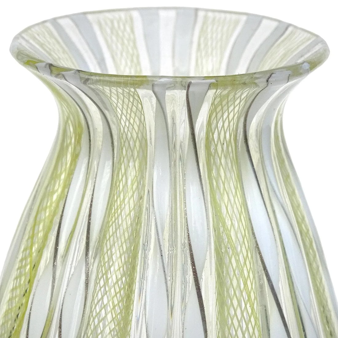 Murano Yellow Zanfirico White Aventurine Ribbon Vintage Italian Art Glass Mid-Century Flower Vase - 4
